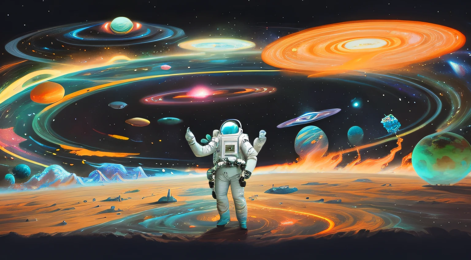Space scene with close-up of astronauts on planet, space, cosmic space, Space travelling, Space travelling, cosmic space, outerspace, psychedelic illustrations, space colors, cosmic and colorful, sci-fi illustrations, sci-fi illustrations, Surreal space, standing in outer space, Unknown space, Psychedelic atmosphere, view of the cosmos, dmt space behind