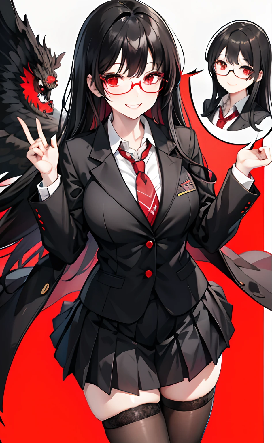 Black hair, red eyes, kizi, female, glasses, school uniform, smiling
