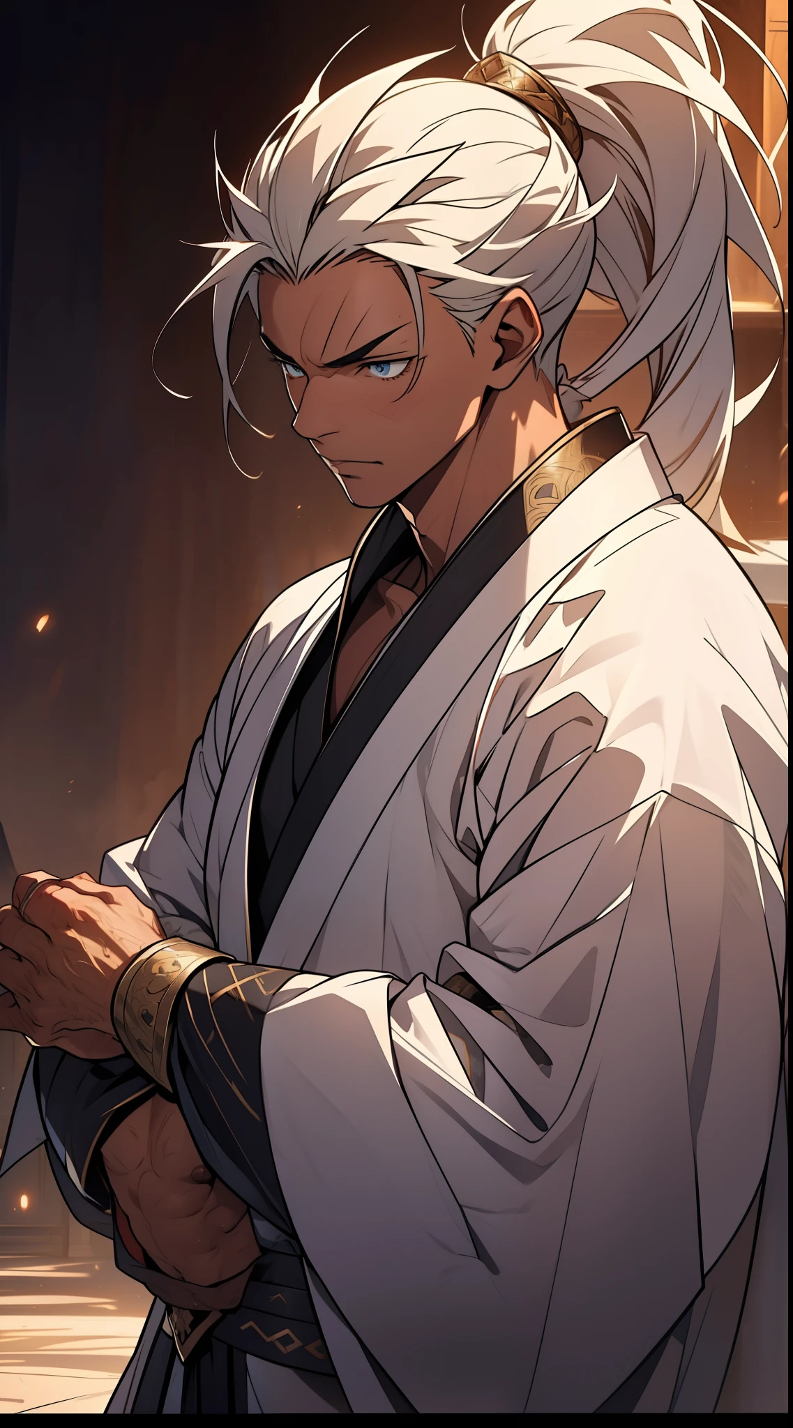 quadratic element,style of anime,mtu(Male Warrior),The proportions are correct,Face details,swordsmen,High ponytail hairstyle,Neck details,There is an Adam's apple,White robe,kaftan,long white robe,clothes details,Handing over,longer sleeves,Game quality,Swordsmanship,Light and shadow tracking,Ray traching,detailed glow,cg render,hair detail,cabelos preto e longos,blue colored eyes,Handsome,Handsome,(juvenile sense),Clothing is complicated,Perfectcomposition,Refinement,high qulity,higher details,Lots of details,The background is complex,a sense of atmosphere,