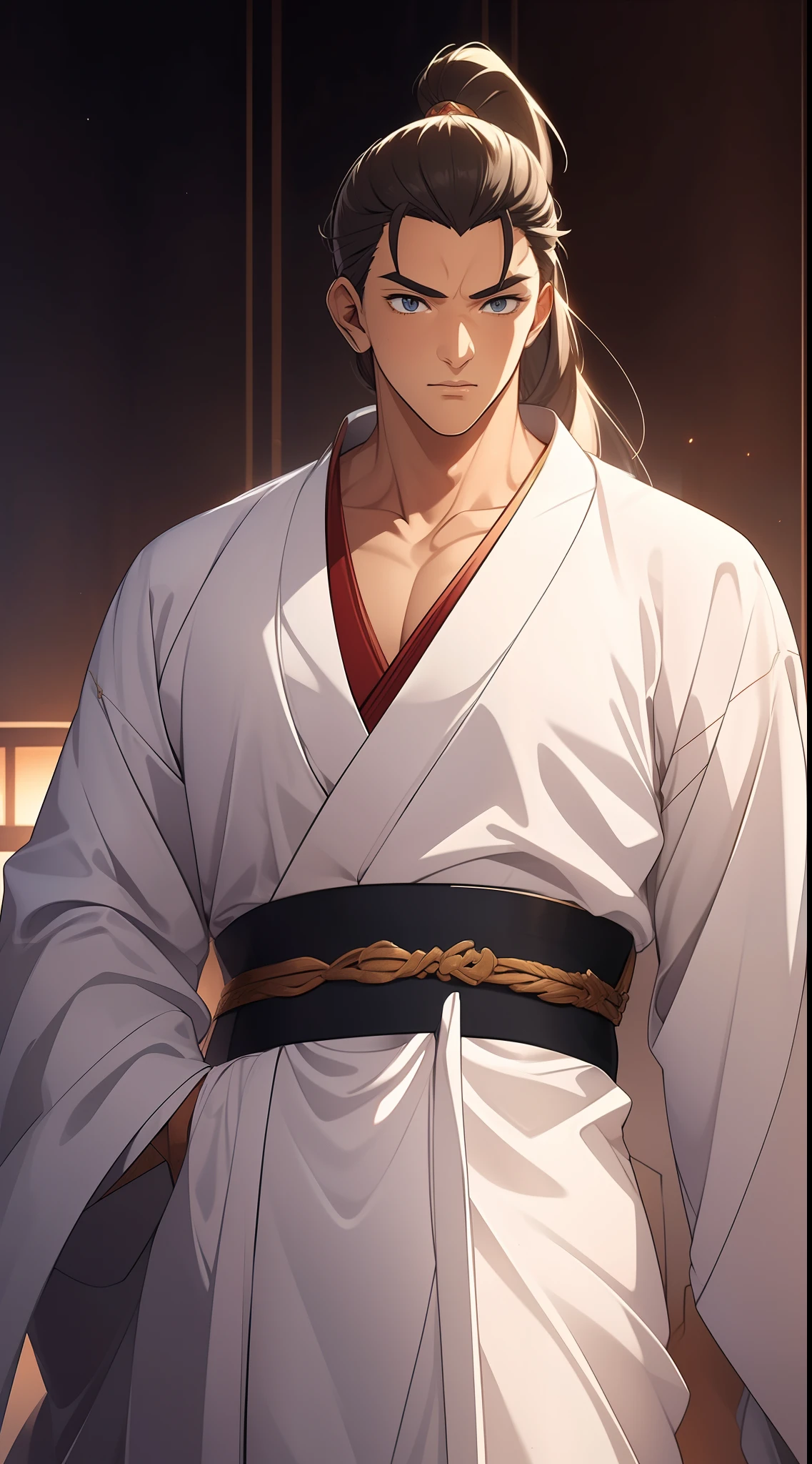 quadratic element，style of anime，mtu（Male Warrior），The proportions are correct，Face details，swordsmen，High ponytail hairstyle，Neck details，There is an Adam's apple，White robe，kaftan，long white robe，clothes details，Handing over，longer sleeves，Game quality，Swordsmanship，Light and shadow tracking，Ray traching，detailed glow，cg render，hair detail，cabelos preto e longos，blue colored eyes，Handsome，Handsome，（juvenile sense），Clothing is complicated，Perfectcomposition，Refinement，high qulity，higher details，Lots of details，The background is complex，a sense of atmosphere，