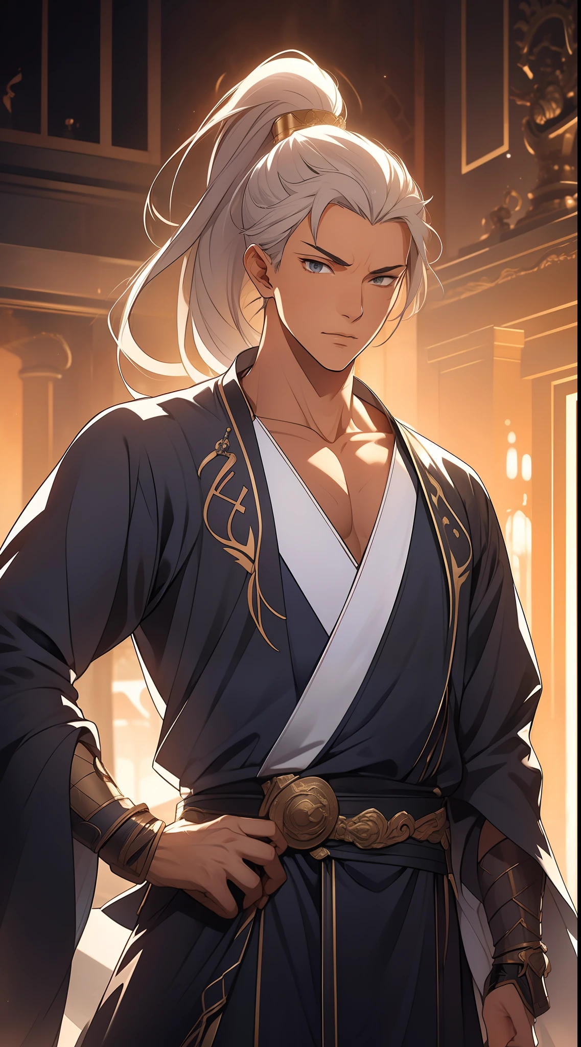 quadratic element,style of anime,mtu(Male Warrior),The proportions are correct,Face details,swordsmen,High ponytail hairstyle,Neck details,There is an Adam's apple,White robe,kaftan,long white robe,clothes details,Handing over,longer sleeves,Game quality,Swordsmanship,Light and shadow tracking,Ray traching,detailed glow,cg render,hair detail,cabelos preto e longos,blue colored eyes,Handsome,Handsome,(juvenile sense),Clothing is complicated,Perfectcomposition,Refinement,high qulity,higher details,Lots of details,The background is complex,a sense of atmosphere,