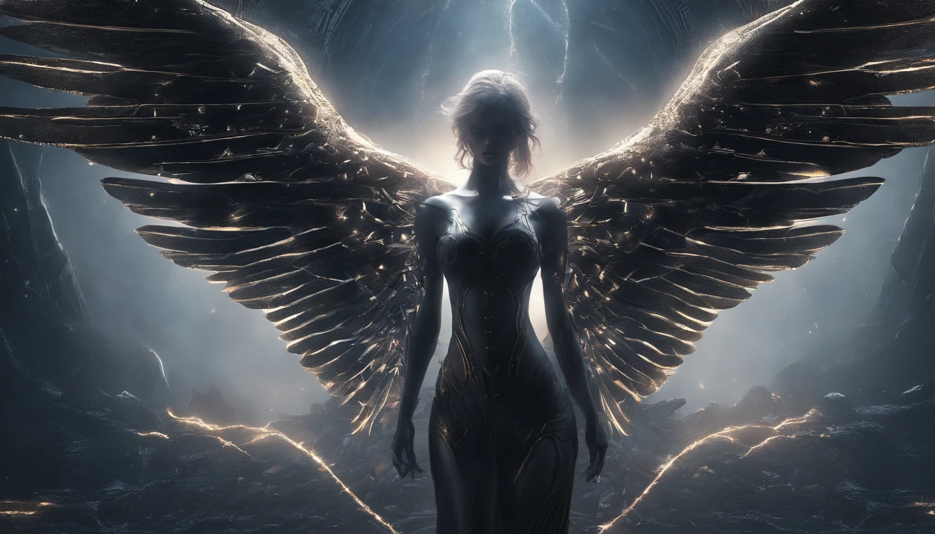 Cosmic Fallen Angel, glowing light eyes, Delicate and beautiful face,Bigchest,Biomechanical, eerie, Dream-like, Very bright colors, Light particles, with light glowing, Mshiv, wallpaper art, UHD wallpaper