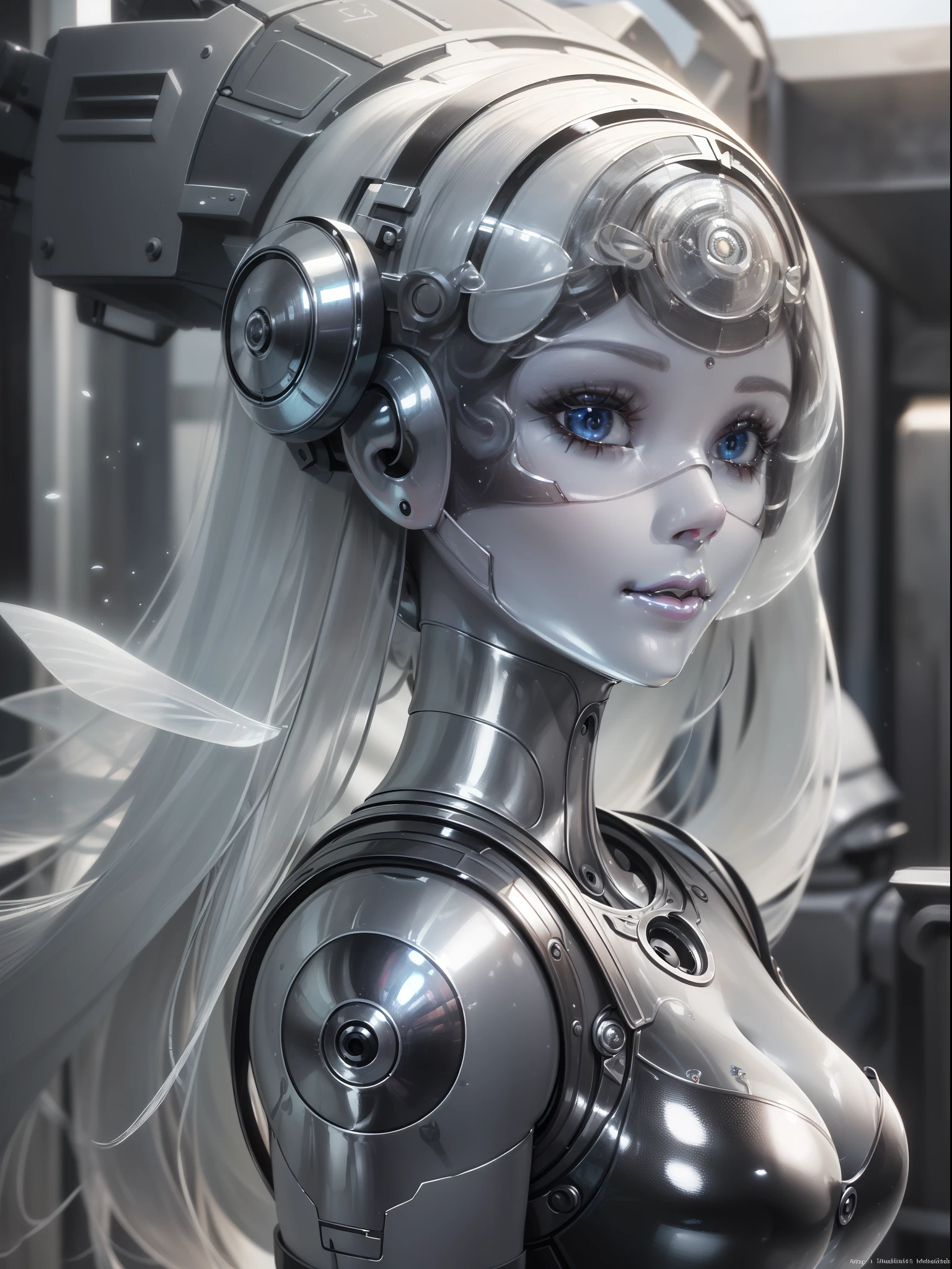 8K，masterpiece:1.0，absurdres，high quality,extremely detailed，(1 robot)(female)，(Delicate face:2.0)，(Clear and delicate facial features:1.5)，(1female)，(long hair)，(Iron body:1.7),(machine eyeshade),(machine arms),(machine legs)，(silver skin)(shiny skin:1.8),(bright light)