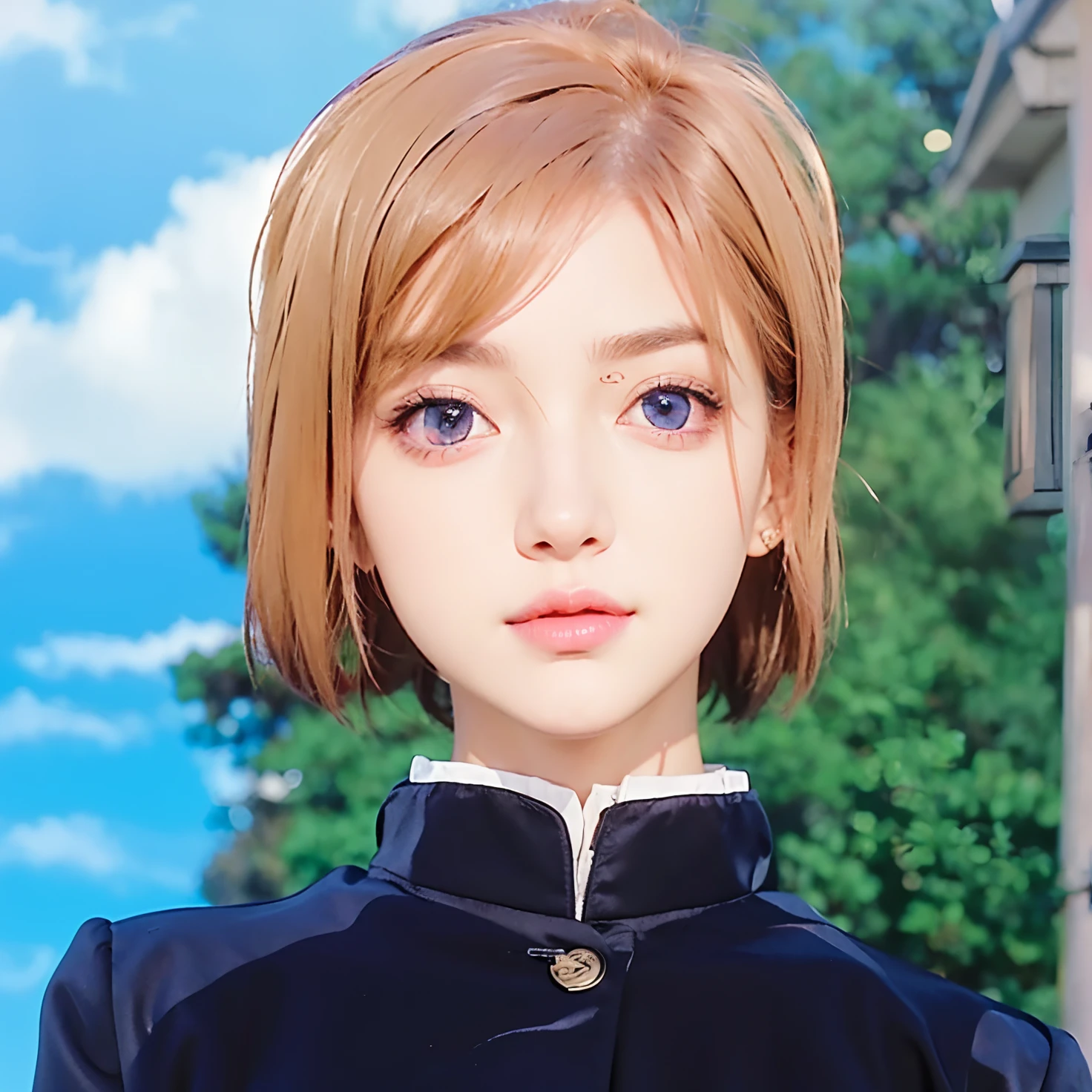 real life adaption of this character, beautiful face,realistic outfit,detailing pink eyes,realistic hair,realistic background,hyper realistic,realism,realistic light, realistic shadow,(photorealistic:1.2)