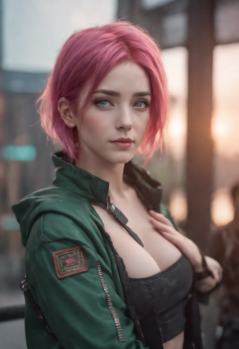 woman, Realistic character, Green hair，Pink hair, Blue eyes, anime big breast, Alone, modern, Cyberpunk