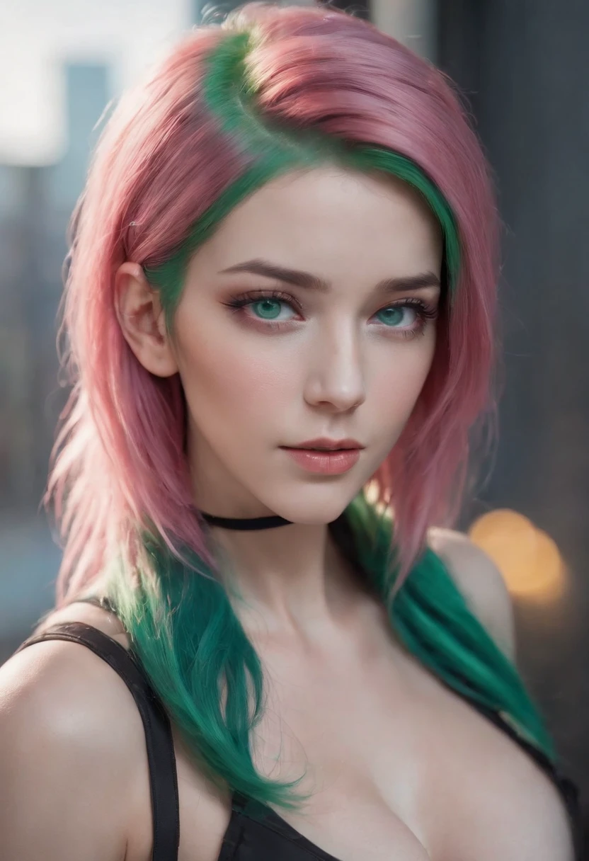 woman, Realistic character, Green hair，Pink hair, Blue eyes, anime big breast, Alone, modern, Cyberpunk