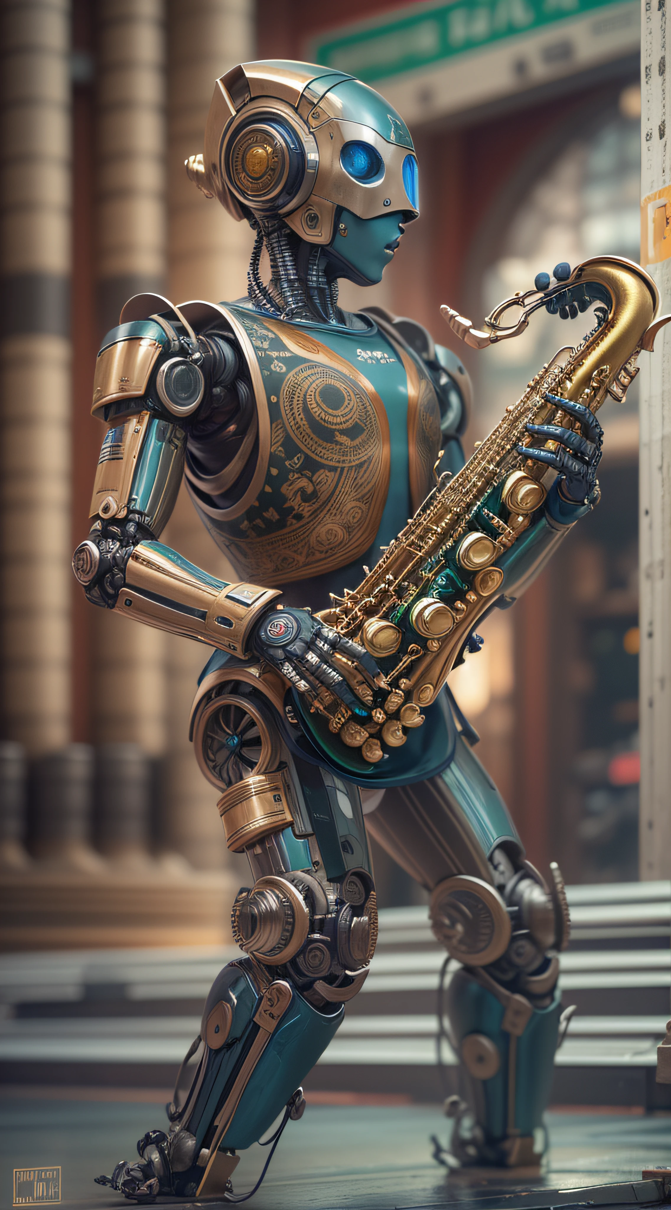Robot jazz player, playing the Saxophone, intricate details, HDR, beautifully shot, hyperrealistic, sharp focus, trending on artstation, sharp focus, studio photo, intricate details, highly detailed, by greg rutkowski