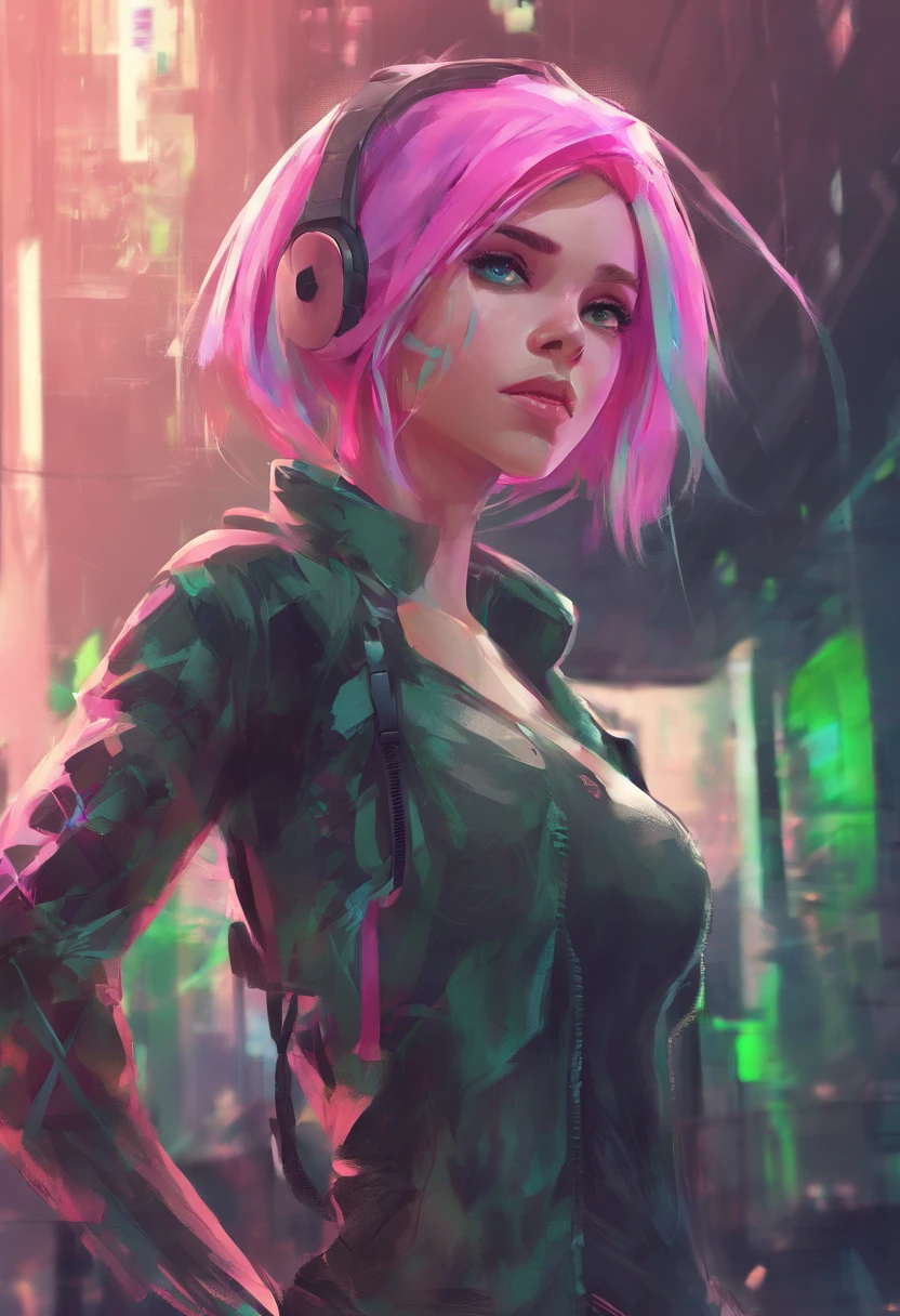 woman, Realistic character, Green hair,Pink hair, Blue eyes, anime big breast, Alone, modern, Cyberpunk