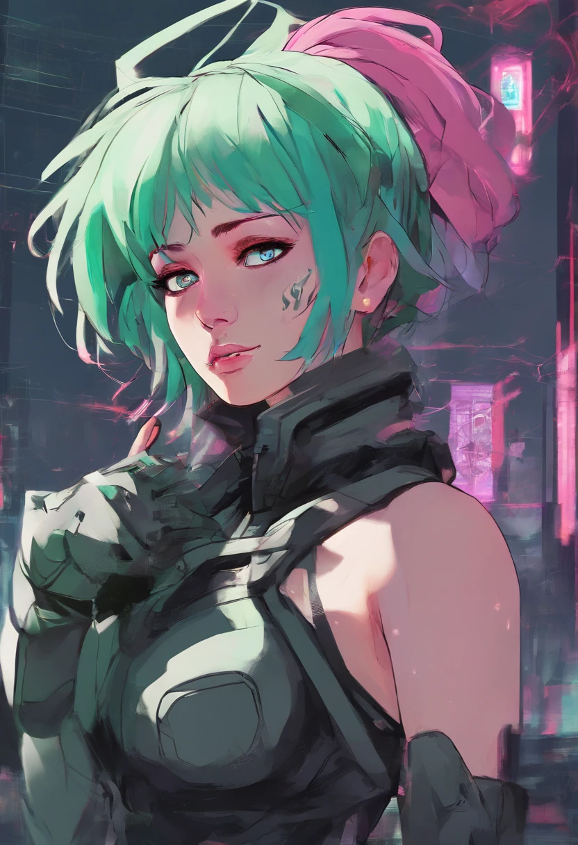 woman, Realistic character, Green hair,Pink hair, Blue eyes, anime big breast, Alone, modern, Cyberpunk