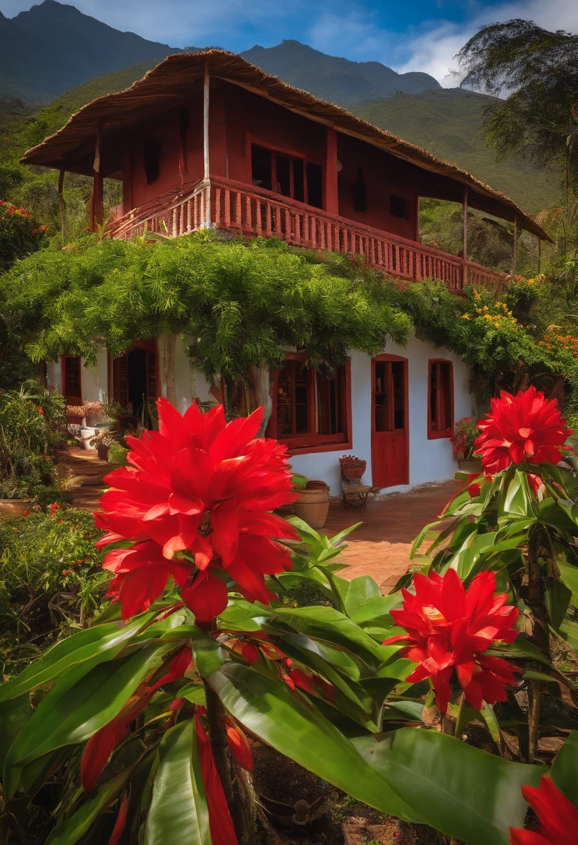 un cafetal colombiano con muchas ramas de cafe unas pepas rojas , , flores blancas en priimer plano , In the background a typical house of the Colombian mountains with wax palm