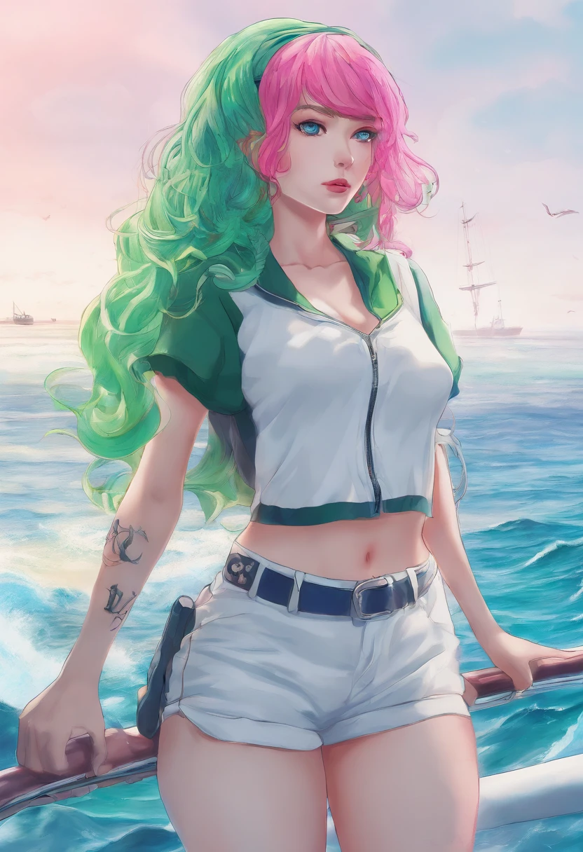 woman, Realistic character, Green hair,Pink hair, Blue eyes, anime big breast, Alone, modern, Cyberpunk