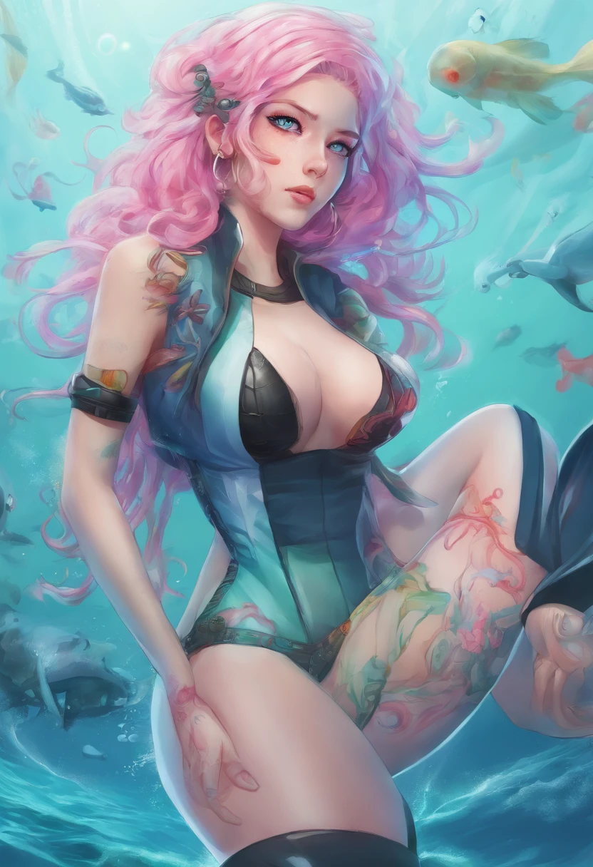 woman, Realistic character, Green hair,Pink hair, Blue eyes, anime big breast, Alone, modern, Cyberpunk