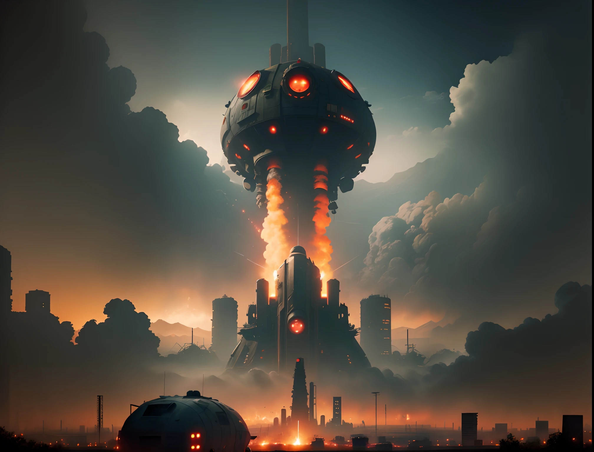 The background is an abandoned ancient city，Towering industrial towers are everywhere and there is some withered vegetation，The storm swept through