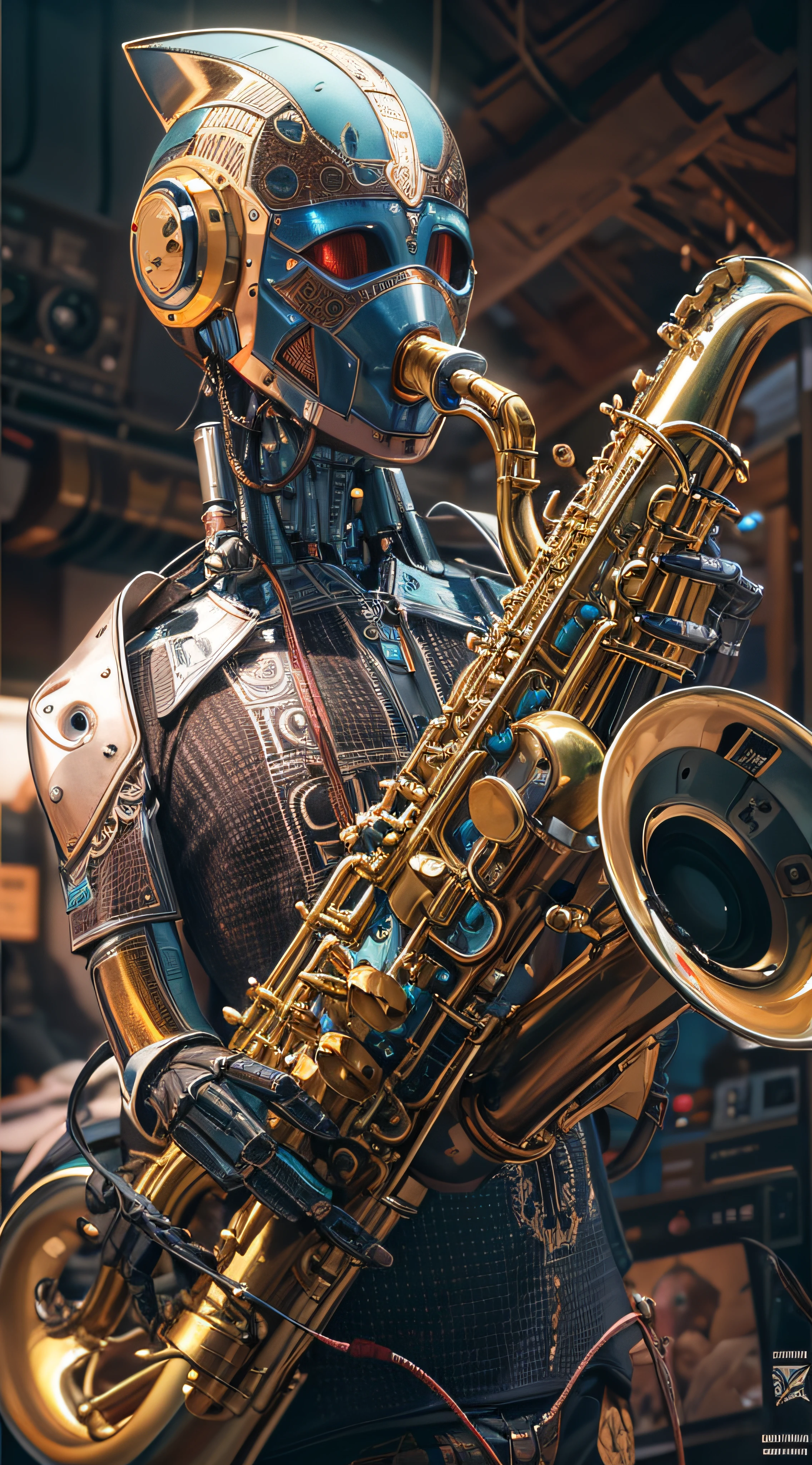 Robot jazz player, playing the Saxophone, intricate details, HDR, beautifully shot, hyperrealistic, sharp focus, trending on artstation, sharp focus, studio photo, intricate details, highly detailed, by greg rutkowski