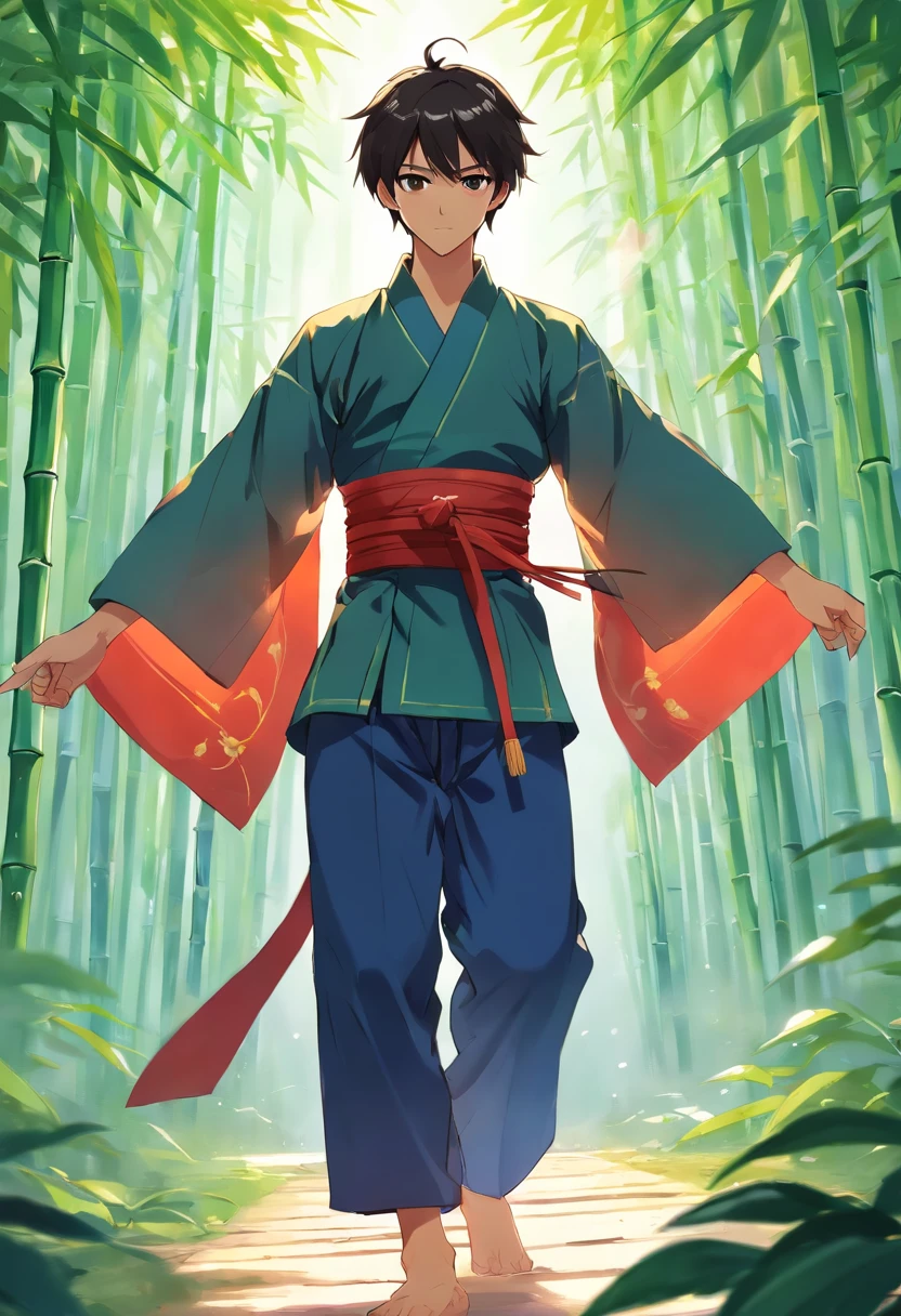 A handsome man, 20 years old, Black hair, Martial arts costumes, Chinese martial arts, Martial arts dance, Red, Bamboo leaves, Ancient martial arts costumes