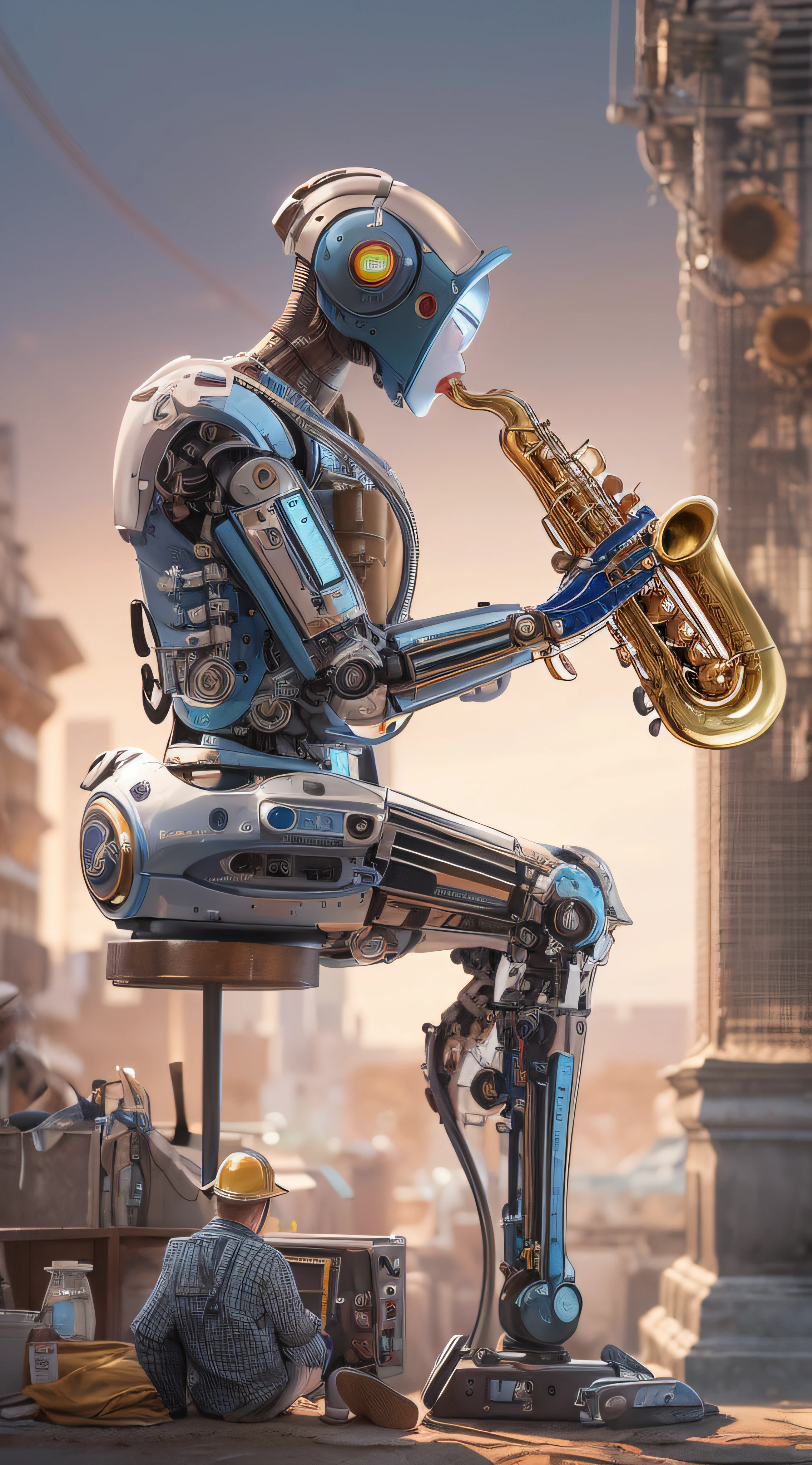 Robot jazz player, playing the Saxophone, intricate details, HDR, beautifully shot, hyperrealistic, sharp focus, trending on artstation, sharp focus, studio photo, intricate details, highly detailed, by greg rutkowski