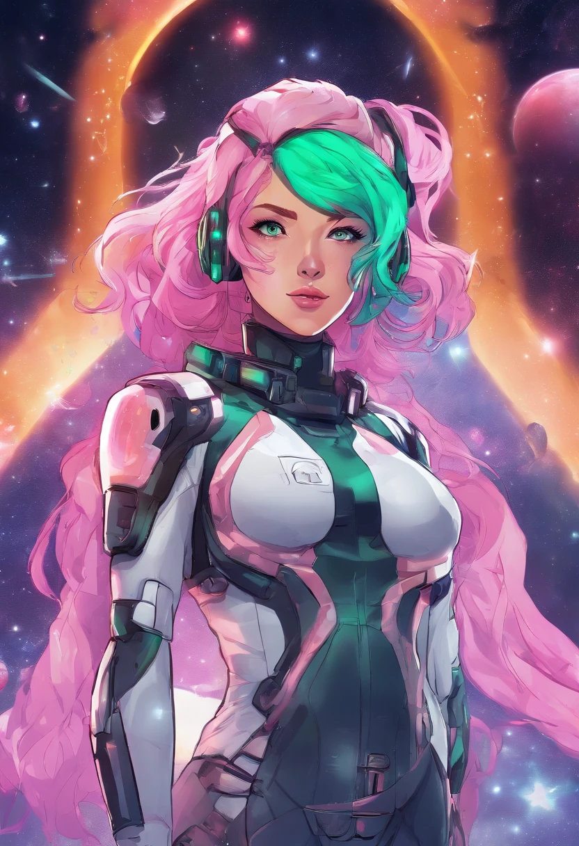 woman, Realistic character, Green hair，Pink hair, Blue eyes, anime big breast, Alone, modern, Cyberpunk