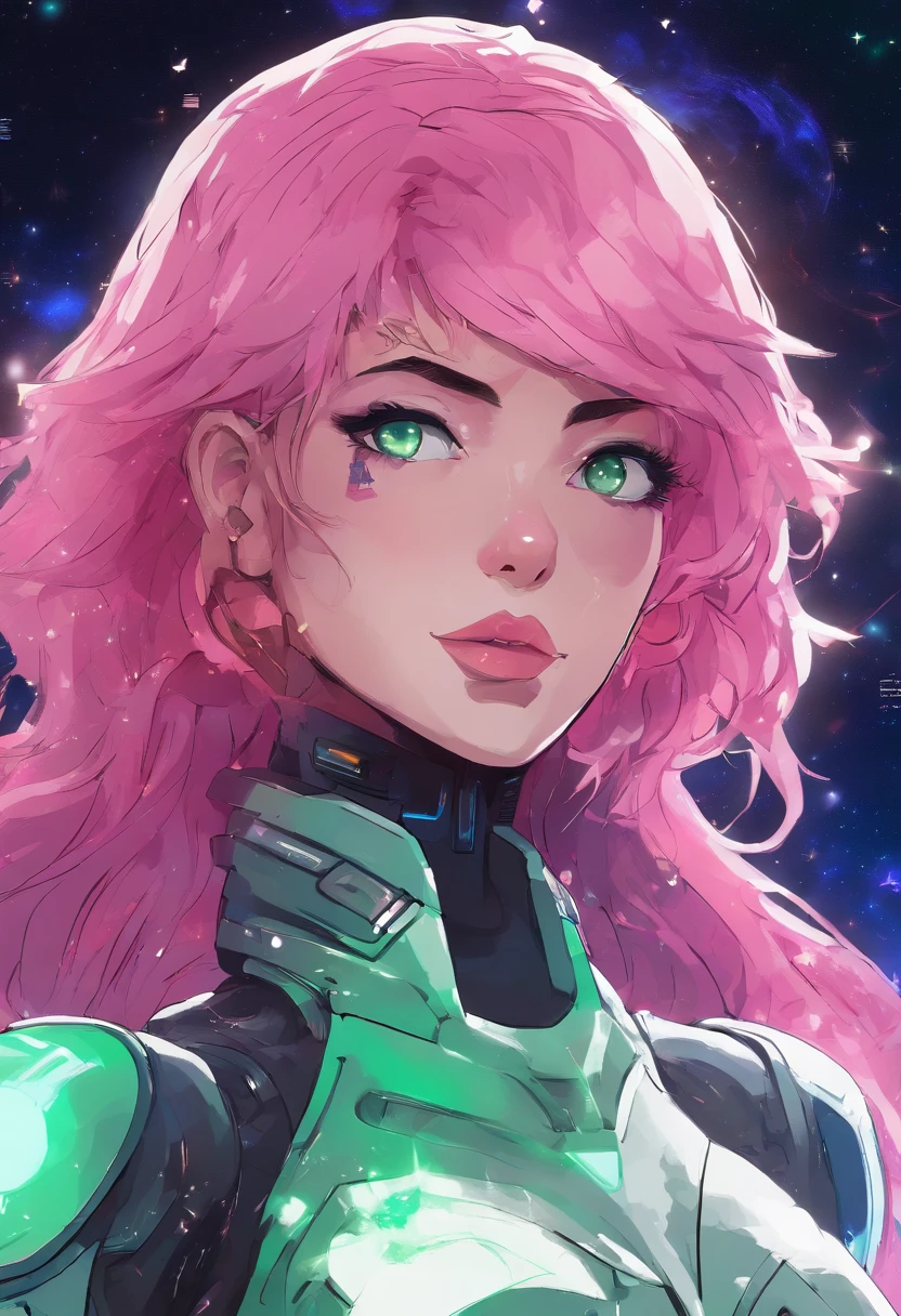 woman, Realistic character, Green hair，Pink hair, Blue eyes, anime big breast, Alone, modern, Cyberpunk