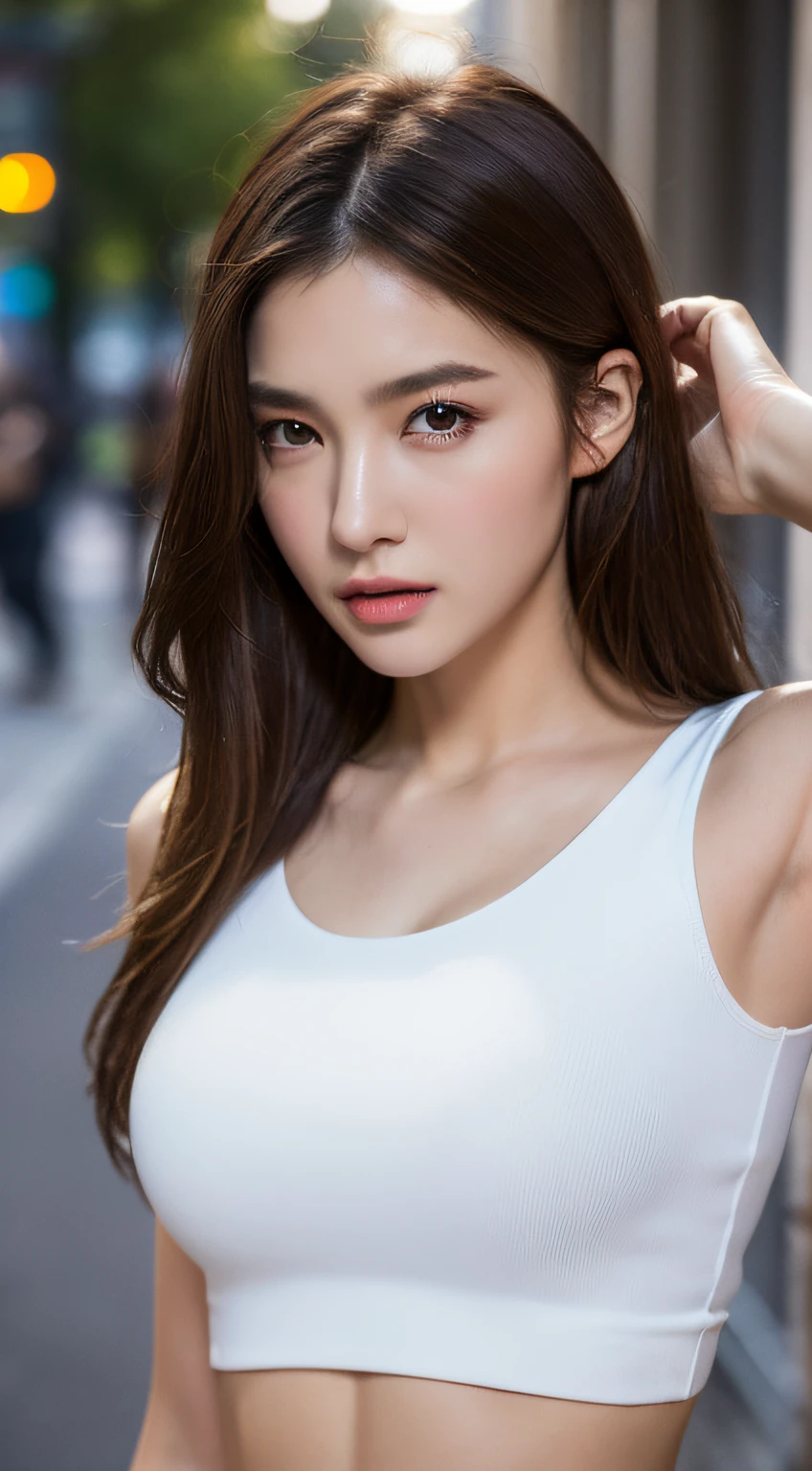 ((Realistic lighting, Best quality, 8K, Masterpiece: 1.3)), Clear focus: 1.2, 1girl, Perfect Figure: 1.4, Slim Abs: 1.1, ((Dark brown hair)), (White crop top: 1.4), (Outdoor, Night: 1.1), City streets, Super fine face, Fine eyes, Double eyelids,