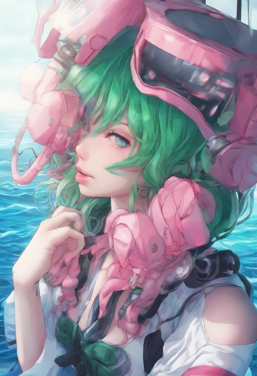 woman, Realistic character, Green hair，Pink hair, Blue eyes, anime big breast, Alone, modern, Cyberpunk