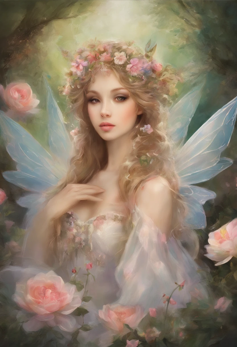 a painting of a fairy sitting on a red rose, romanticism painting, beautiful fantasy painting, fairies have wings, rose petals fly, by Wendy Froud, study of a flower fairy, giant rose for a head, prima ballerina in the garden of roses, a paradise like a fairyland, beautiful fantasy art, large individual rose petals, bloom. high fantasy