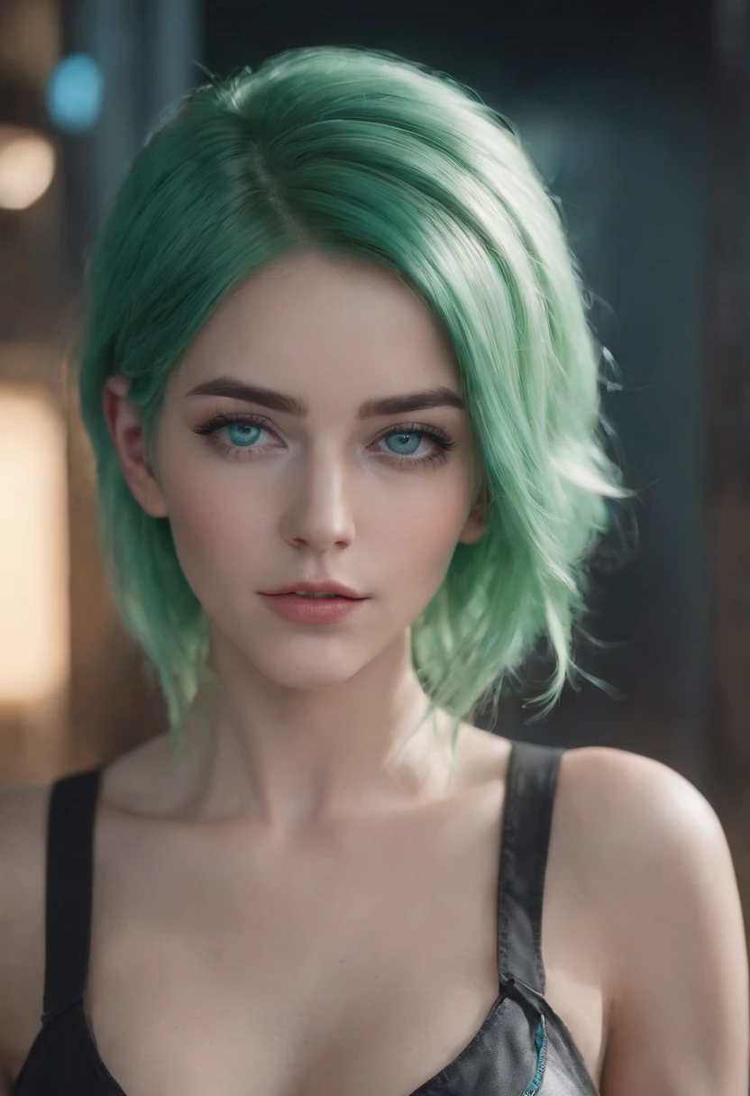 (
(Character: one woman, platinum short messy hair)
(Clothing: mint-green lingerie, ),(close-up)
(Style: ((masterpiece:1.5)), (face detailed), photo-realistic:1.3, hyperrealistic, film grain, realistic lighting)
)