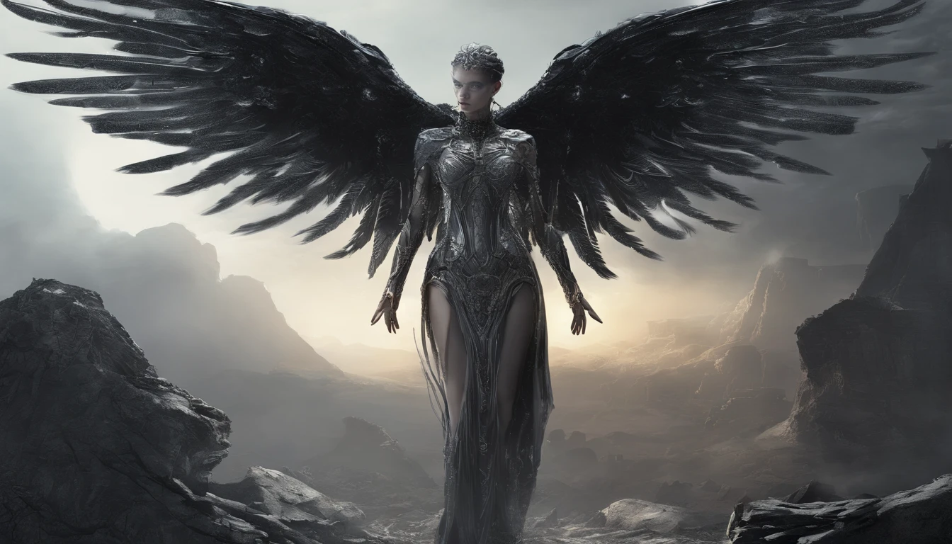 Cosmic Fallen Angel, glowing light eyes, Delicate and beautiful face，Bigchest，Biomechanical, eerie, Dream-like, Very bright colors, Light particles, with light glowing, Mshiv, wallpaper art, UHD wallpaper