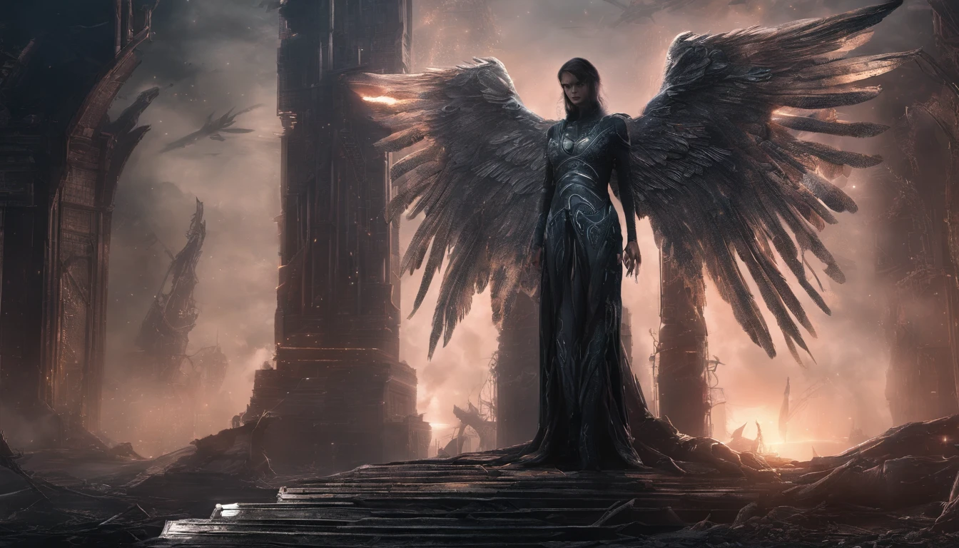 Cosmic Fallen Angel, glowing light eyes, Delicate and beautiful face,Bigchest,Biomechanical, eerie, Dream-like, Very bright colors, Light particles, with light glowing, Mshiv, wallpaper art, UHD wallpaper