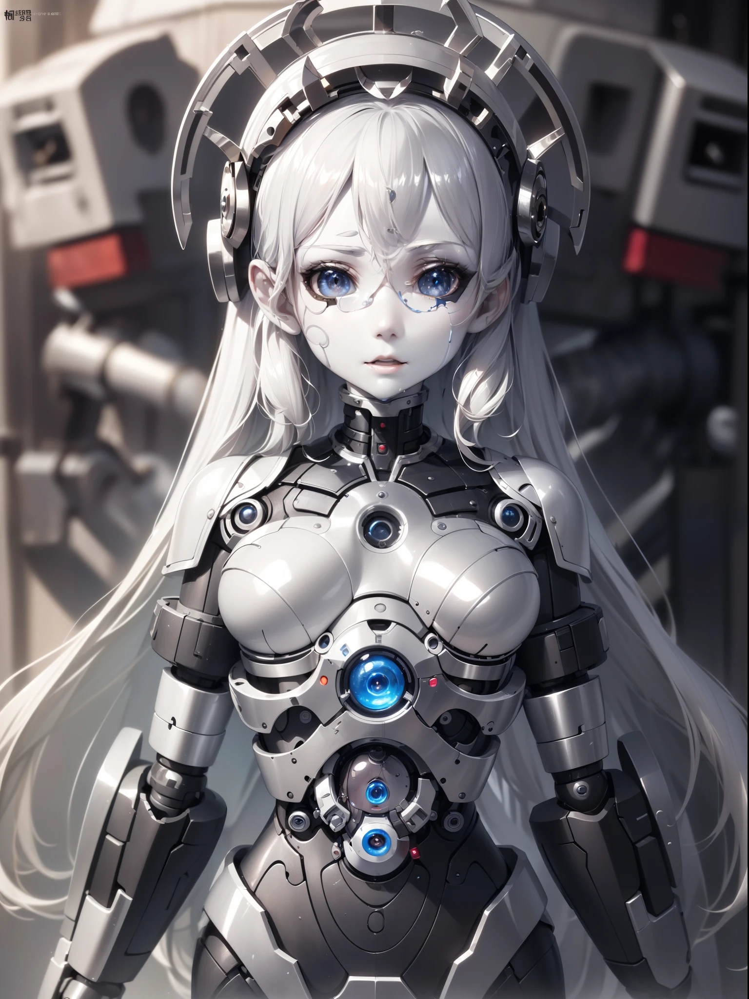 8K,masterpiece:1.0,absurdres,high quality,extremely detailed,(1 robot)( girl),(Delicate face:2.0),(Clear and delicate facial features:1.5),(1female),(long hair),(Iron body:1.7),(machine eyeshade),(machine arms),(machine legs),(silver skin)(shiny skin:1.8),(bright light)