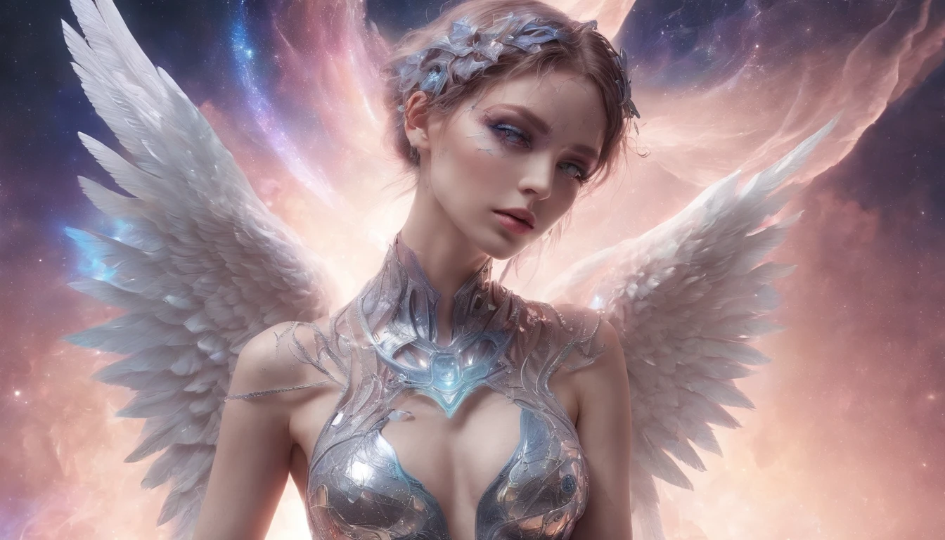 Cosmic Fallen Angel, glowing light eyes, Delicate and beautiful face，Bigchest，Biomechanical, eerie, Dream-like, Very bright colors, Light particles, with light glowing, Mshiv, wallpaper art, UHD wallpaper