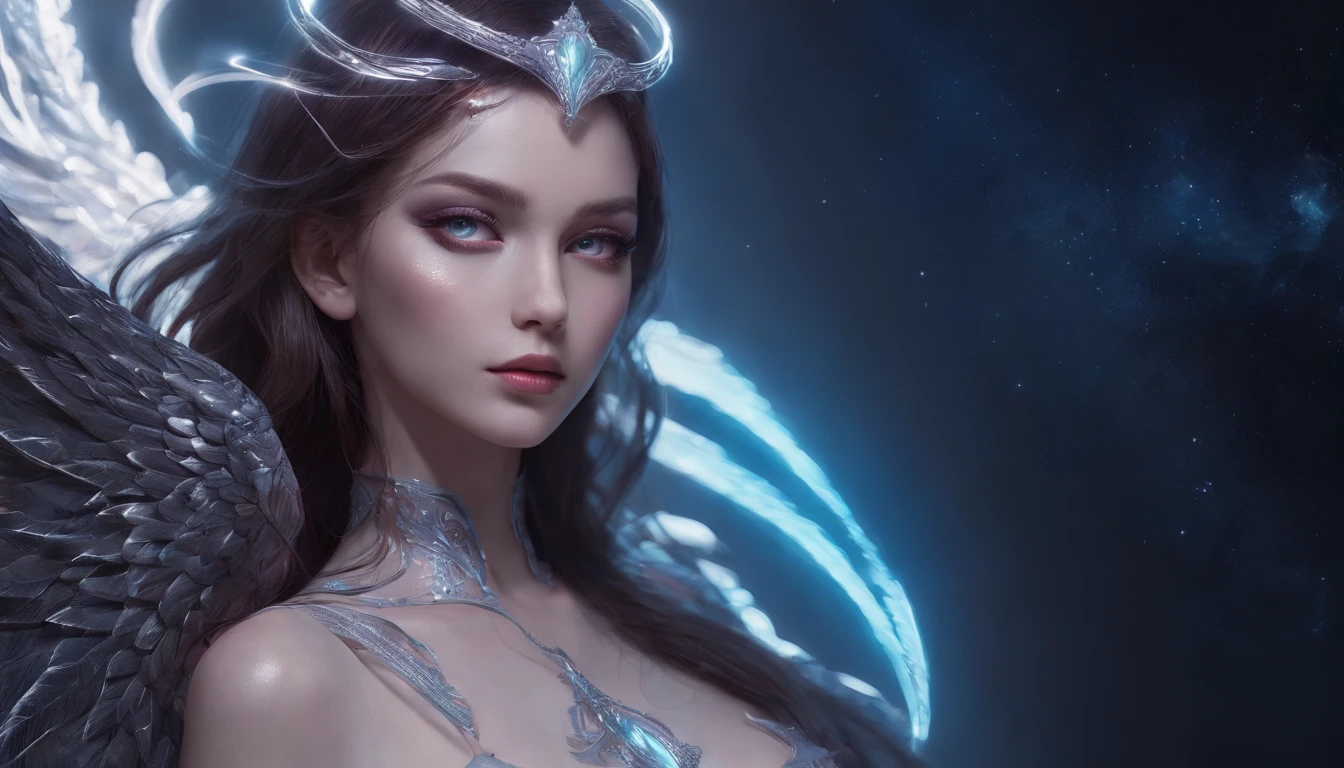 Cosmic Fallen Angel, glowing light eyes, Delicate and beautiful face,Bigchest,Biomechanical, eerie, Dream-like, Very bright colors, Light particles, with light glowing, Mshiv, wallpaper art, UHD wallpaper