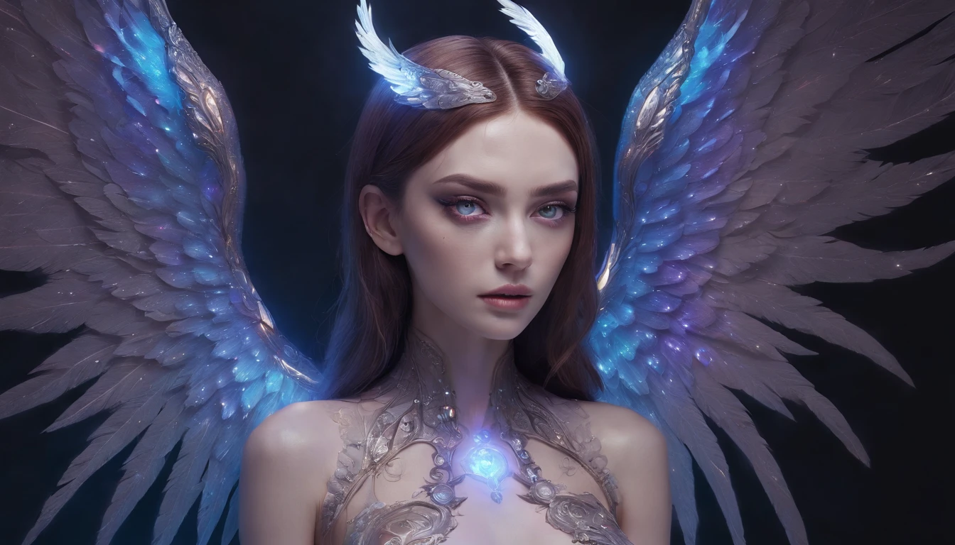 Cosmic Fallen Angel, glowing light eyes, Delicate and beautiful face，Bigchest，Biomechanical, eerie, Dream-like, Very bright colors, Light particles, with light glowing, Lucifer, wallpaper art, UHD wallpaper