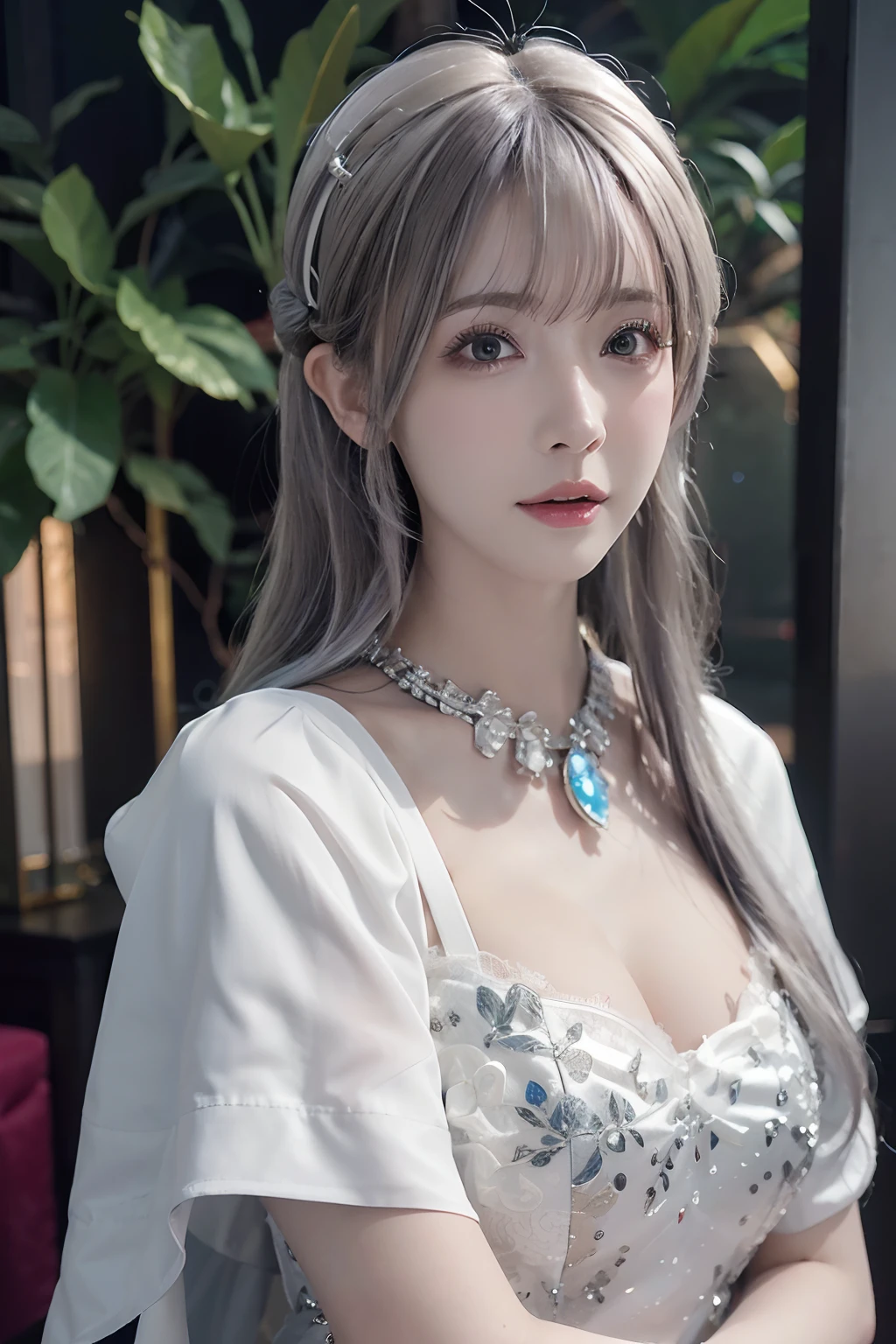 (Best Quality:1.3), (Better presentation:1.2), (best illustration:1.2),(Masterpiece), the Best Quality, expressive eyes, Perfect face, ((a beautiful realistic woman in an elegant long dress posing shows her huge breasts looking at the camera with a gentle smile)),(((platinum hair with silver highlights:1.3, hair highlights, colored inner hair, thick full layer hair, long straight hair))), ((strapless dress with full details, split dress, tight dress:1.3,tight hips)), separate sleeves, covered dress , not good,(No panties), ((purple eyes, Beautiful detailed eyes)), long eyelashes, mask, light pink eyeliner,light pink lips, (butterfly hair ornament, mini butterfly earrings, butterfly jewelry necklace),((giant breasts:1.3, thick tits, neckline, thick hips, curvy body, Wide hips)), thick thighs, bare shoulders, The golden fireflies shine and shine., rosa, flower, shine sparkles, lightning, sparkle and shine crystal, flowera blanca y azul colores tetradicos pastel, provided, starry night sky background,(shine sparkles), (1 girl:1.3), (Alone)