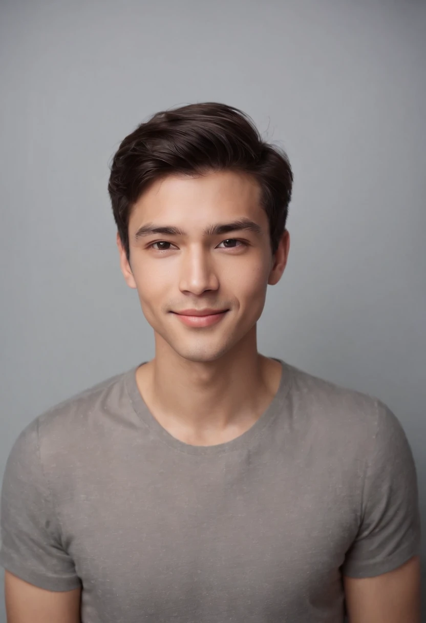 (photo: 1.3) af (photorealistic: 1.3), male avatar, soft light, facial focus, happy, cheerful, smiling, warm light, ((solid color background)), (( gray background)). ((gray wall background)), avatar, (long or short hair), smile, handsome, young,, short hair, smile