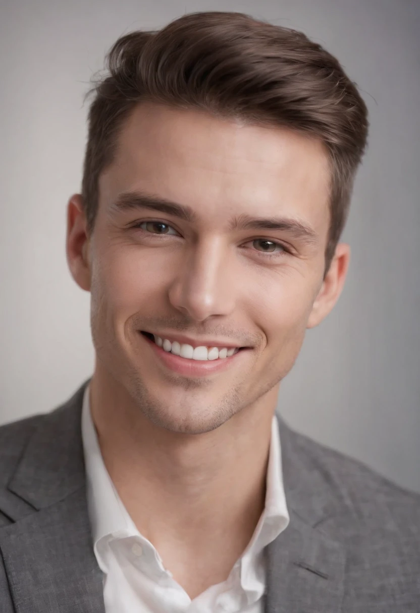 (photo: 1.3) af (photorealistic: 1.3), male avatar, soft light, facial focus, happy, cheerful, smiling, warm light, ((solid color background)), (( gray background)). ((gray wall background)), avatar, (long or short hair), smile, handsome, young,, short hair, smile