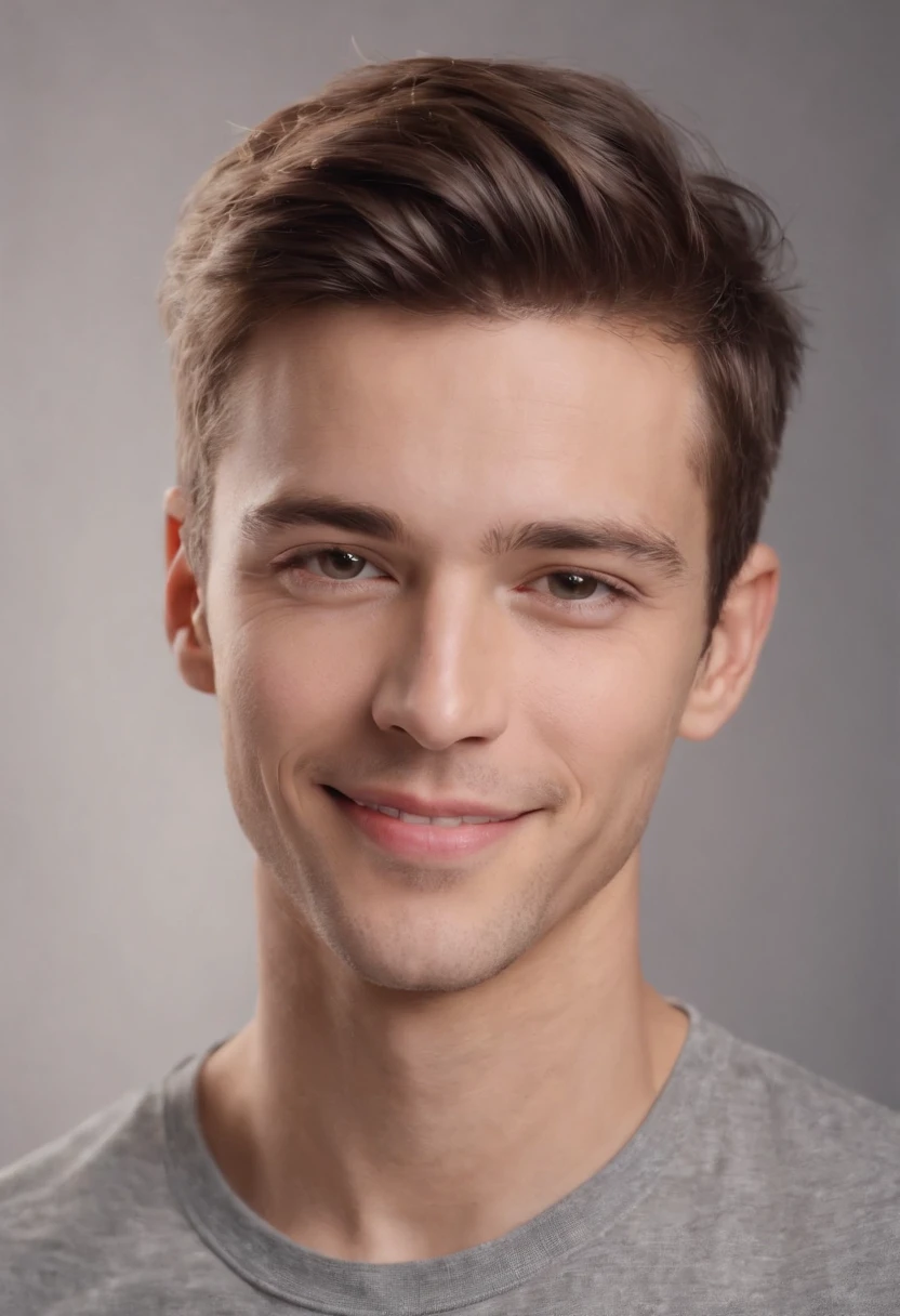 (photo: 1.3) af (photorealistic: 1.3), male avatar, soft light, facial focus, happy, cheerful, smiling, warm light, ((solid color background)), (( gray background)). ((gray wall background)), avatar, (long or short hair), smile, handsome, young,, short hair, smile