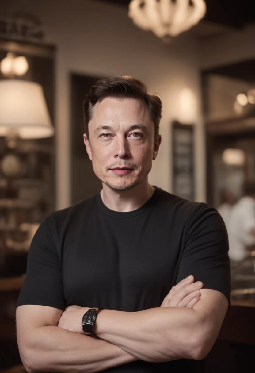 Generate a digital image of Elon Musk in a confident pose, with his arms crossed, wearing a black T-shirt with the inscription ‘REYES STUDIO’ on the chest. The background of the scene should represent an authentic classic barber shop, with characteristic elements such as a vintage barber’s chair, antique mirrors, and traditional decor details, epic realistic photography, hyperrealistic