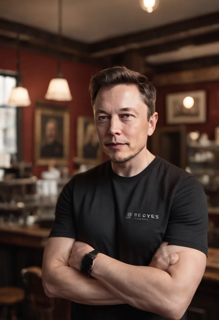 Generate a digital image of Elon Musk in a confident pose, with his arms crossed, wearing a black T-shirt with the inscription ‘REYES STUDIO’ on the chest. The background of the scene should represent an authentic classic barber shop, with characteristic elements such as a vintage barber’s chair, antique mirrors, and traditional decor details, epic realistic photography, hyperrealistic