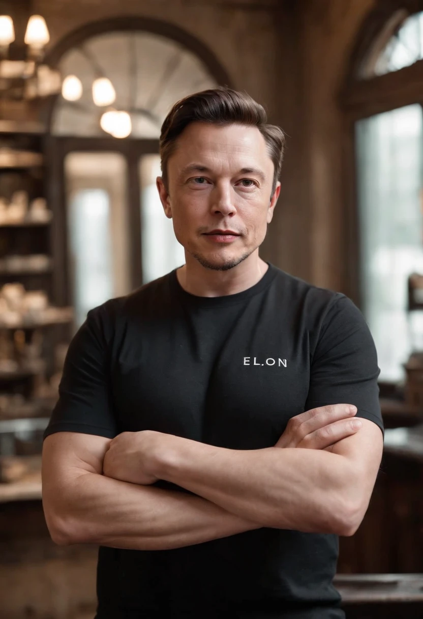 Generate a digital image of Elon Musk in a confident pose, with his arms crossed, wearing a black T-shirt with the inscription ‘REYES STUDIO’ on the chest. The background of the scene should represent an authentic classic barber shop, with characteristic elements such as a vintage barber’s chair, antique mirrors, and traditional decor details, epic realistic photography, hyperrealistic