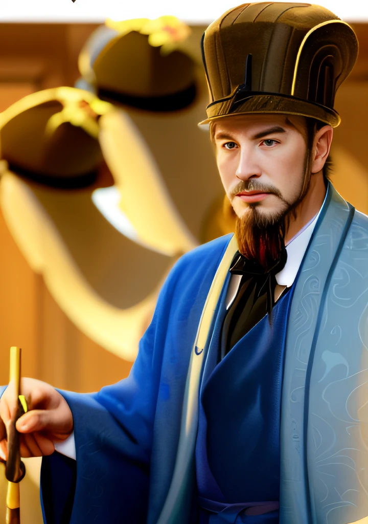 Man in hat and robe holding pen