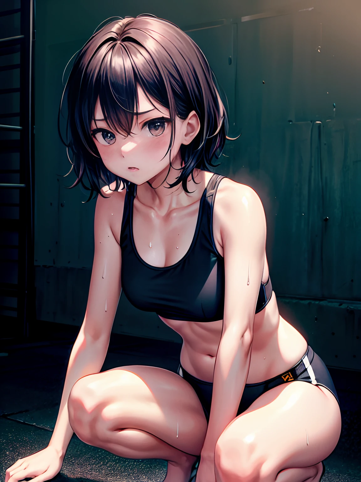 lighting like a movie、top-quality、In a dark warehouse at night、sports bikinis、Short tank top、full of sweat、Wearing sweat、Face of anxiety、The dim、crouching、A dark-haired、