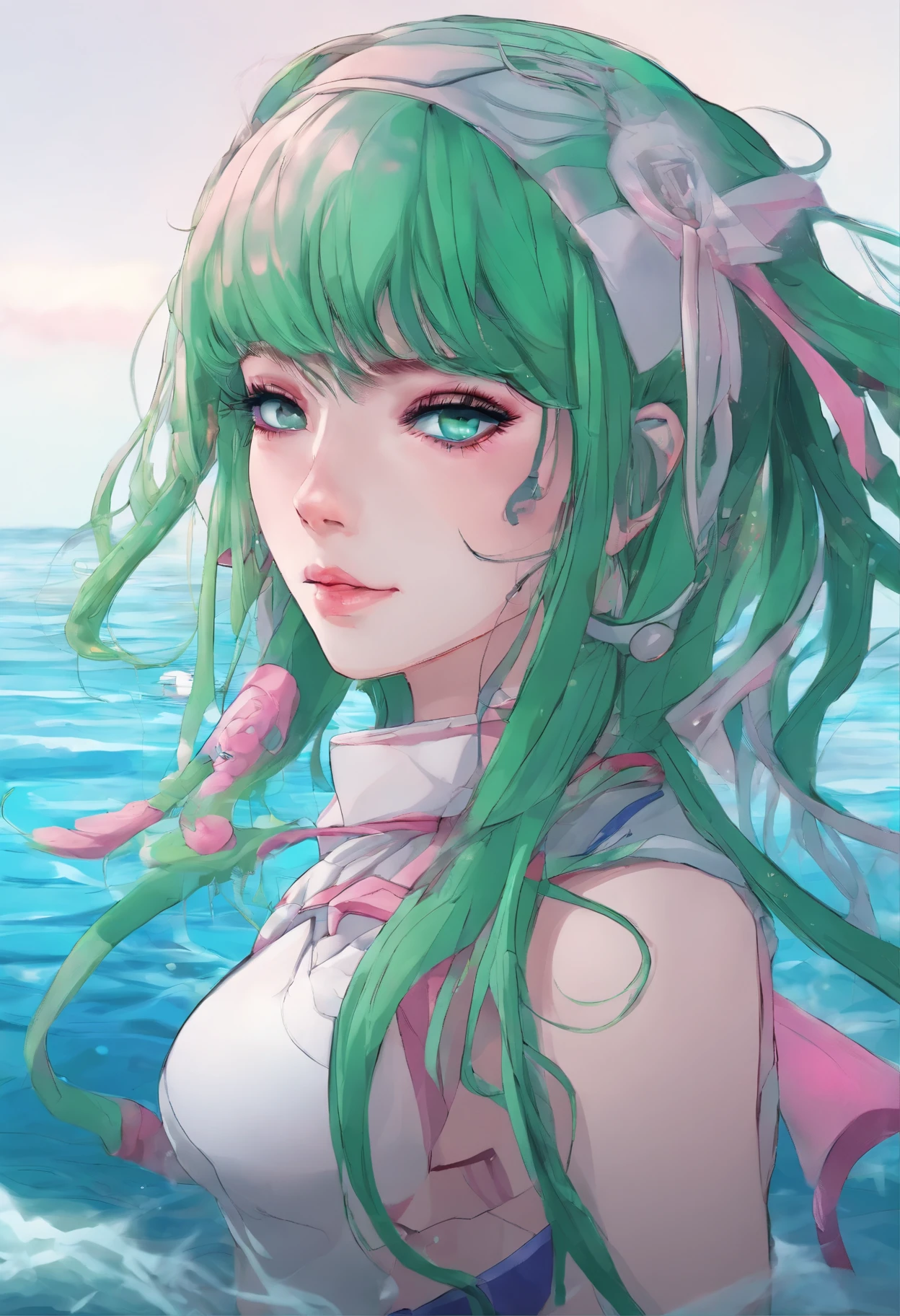 woman, Realistic character, Green hair,Pink hair, Blue eyes, anime big breast, Alone, modern, Cyberpunk
