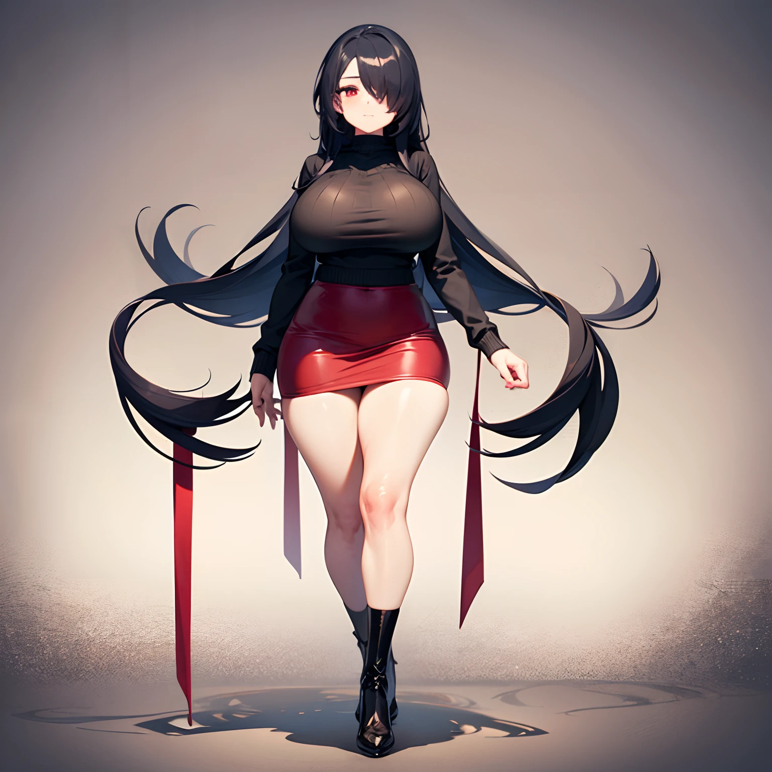 1girl with long black hair with bangs covering one eye, red eyes, big breasts, black sweater, short red skirt, thick thighs, black stockings, blush, shy expression, portrait, full body, white background, looking at the camera, from the front