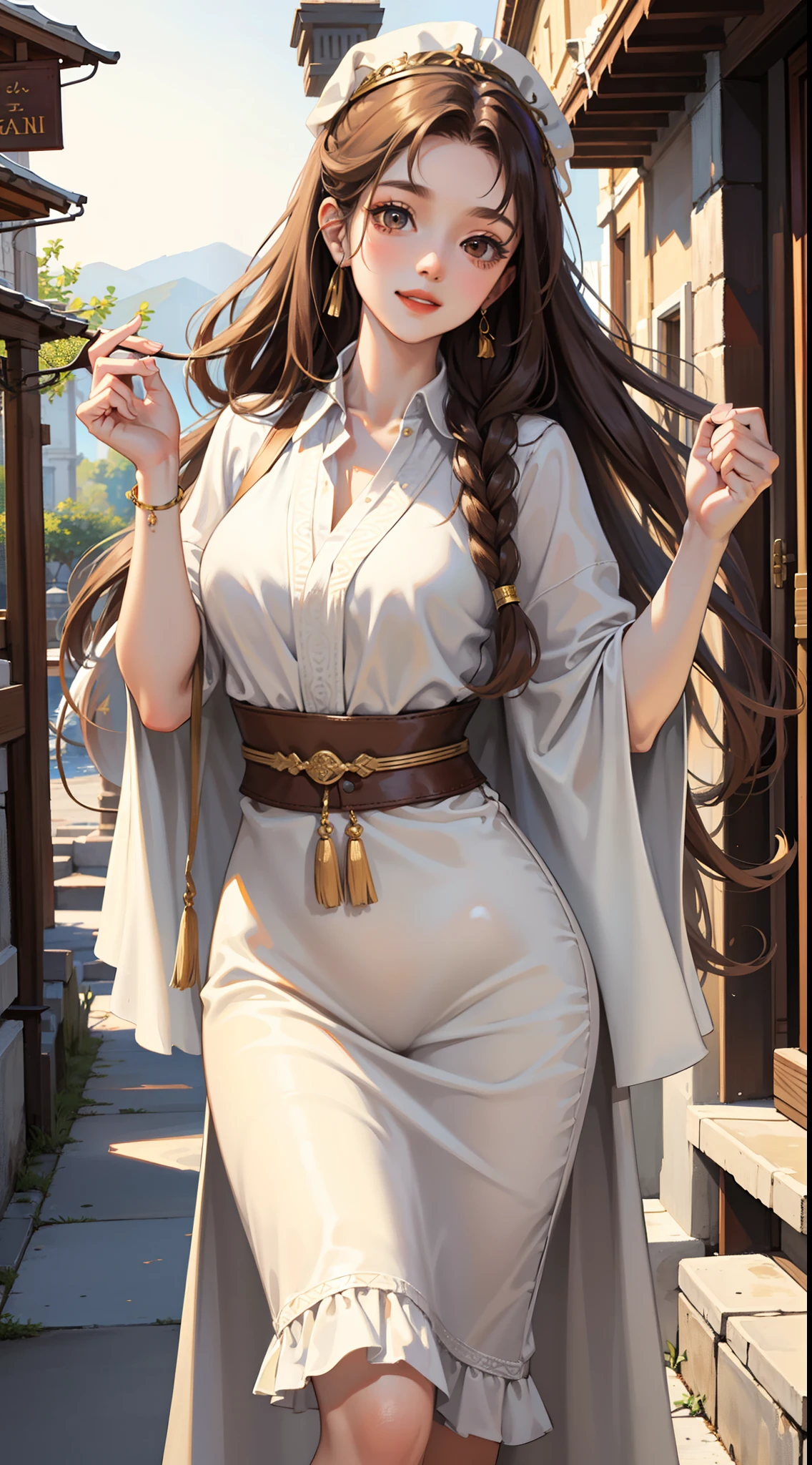 young girl, long curly brown hair, Brown eyes, White Historical Toga, Greece, Smile, Masterpiece, hiquality, high detail, HD, 4k