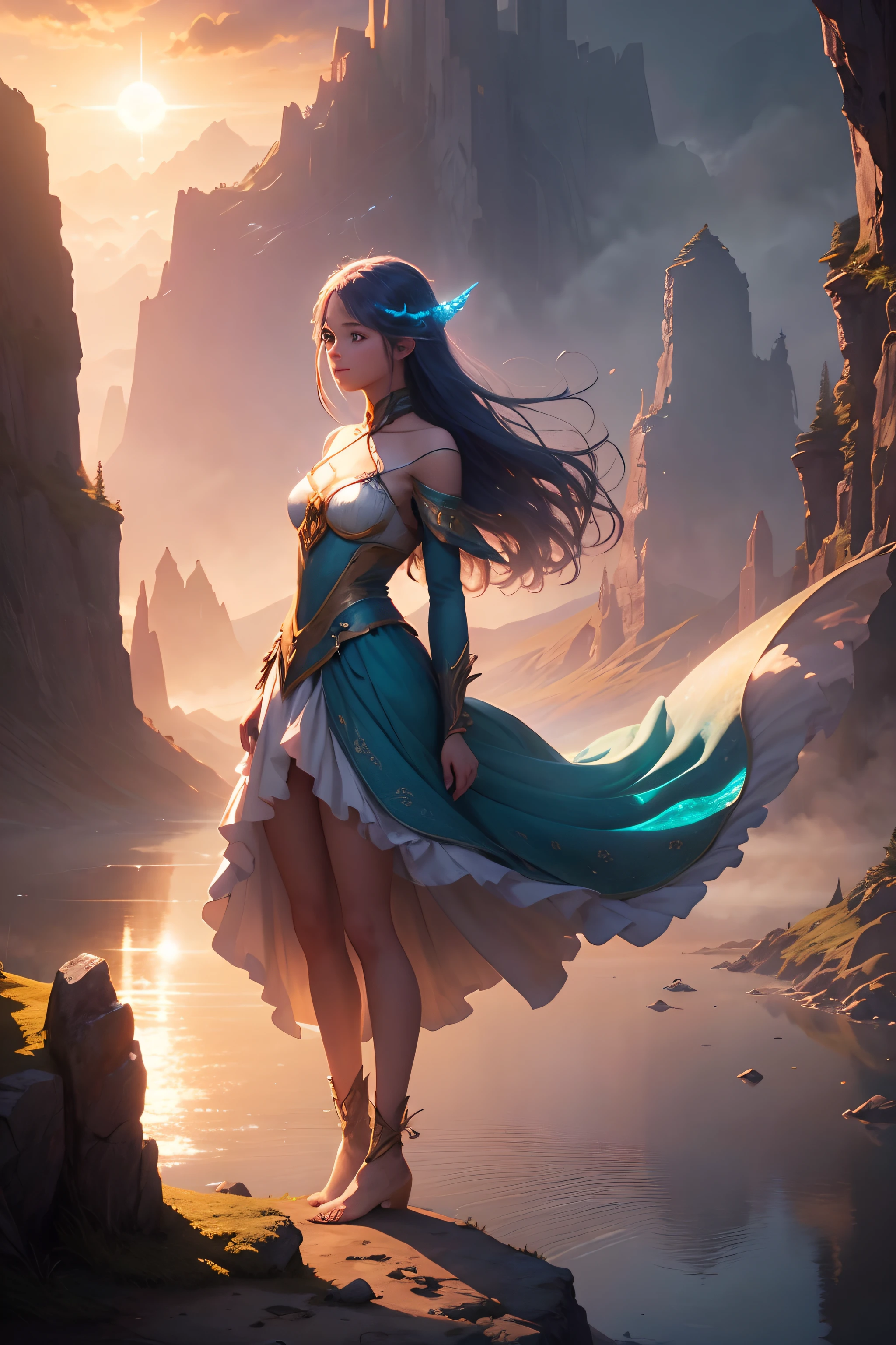 Create an enchanting image of a fantasy world where a beautiful girl stands gracefully at the edge of a mystical landscape. In the backdrop, the sun is rising, casting a warm, ethereal glow over the surreal surroundings. Imagine her as a character from a fairy tale, adorned with flowing, iridescent garments that catch the first rays of the morning sun. The scene should evoke a sense of wonder and magic, with elements like fantastical creatures or floating islands adding to the enchantment of this fantasy sunrise