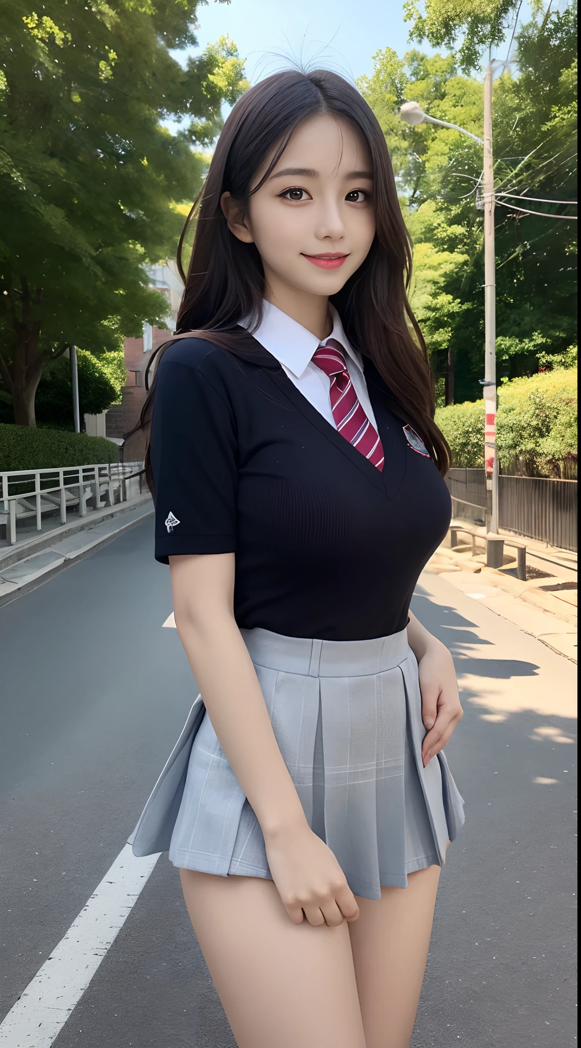 masutepiece, Best Quality, Illustration, Ultra-detailed, finely detail, hight resolution, 8K Wallpaper, Perfect dynamic composition, Beautiful detailed eyes, School Uniforms、Medium Hair, Colossal tits:1.8, Natural Color Lip, thighs thighs thighs thighs,A smile、25 year old girl