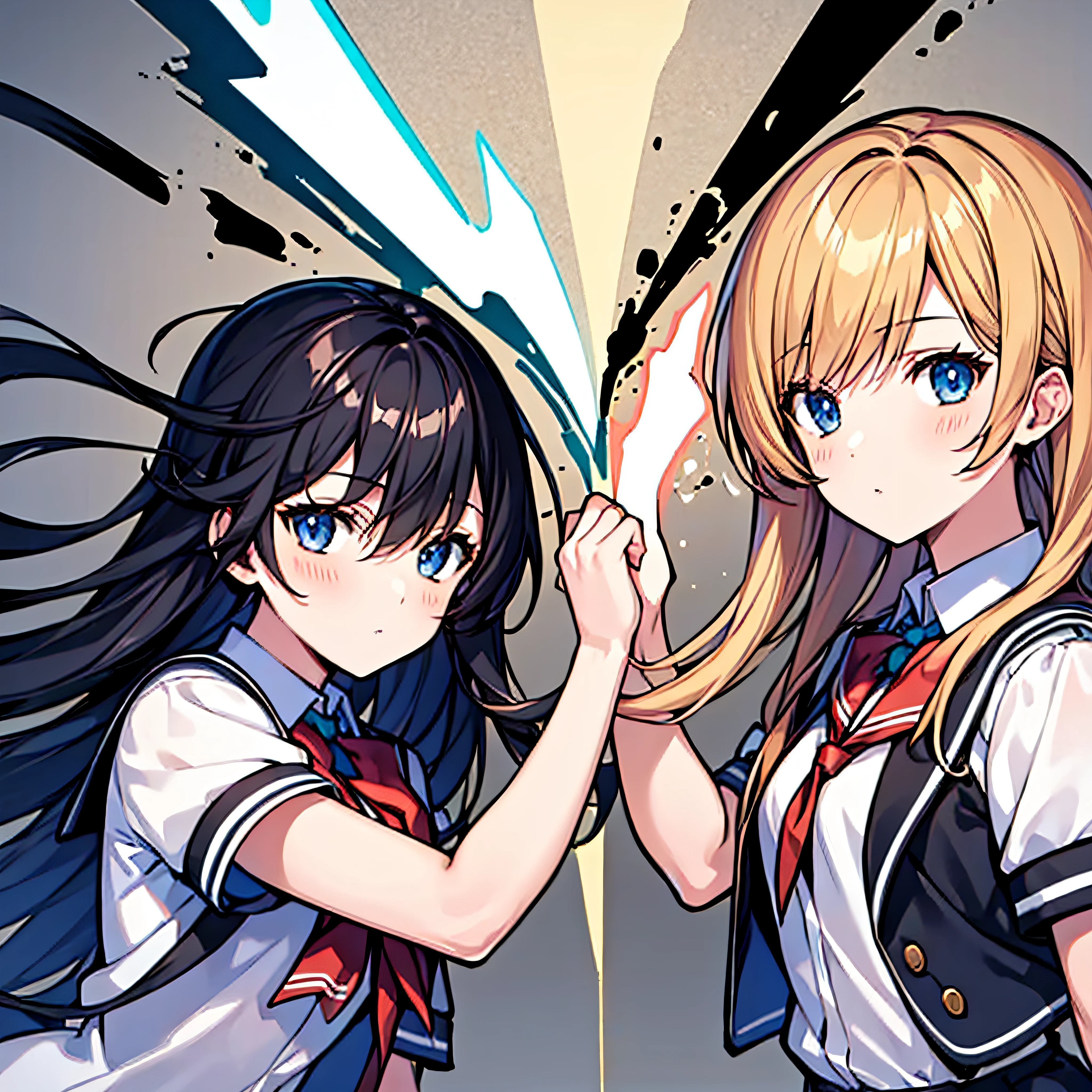 artbytokiame,masterpiece,best quality,split image,super powers,potrait, fight,2 people,teenager,school uniform,