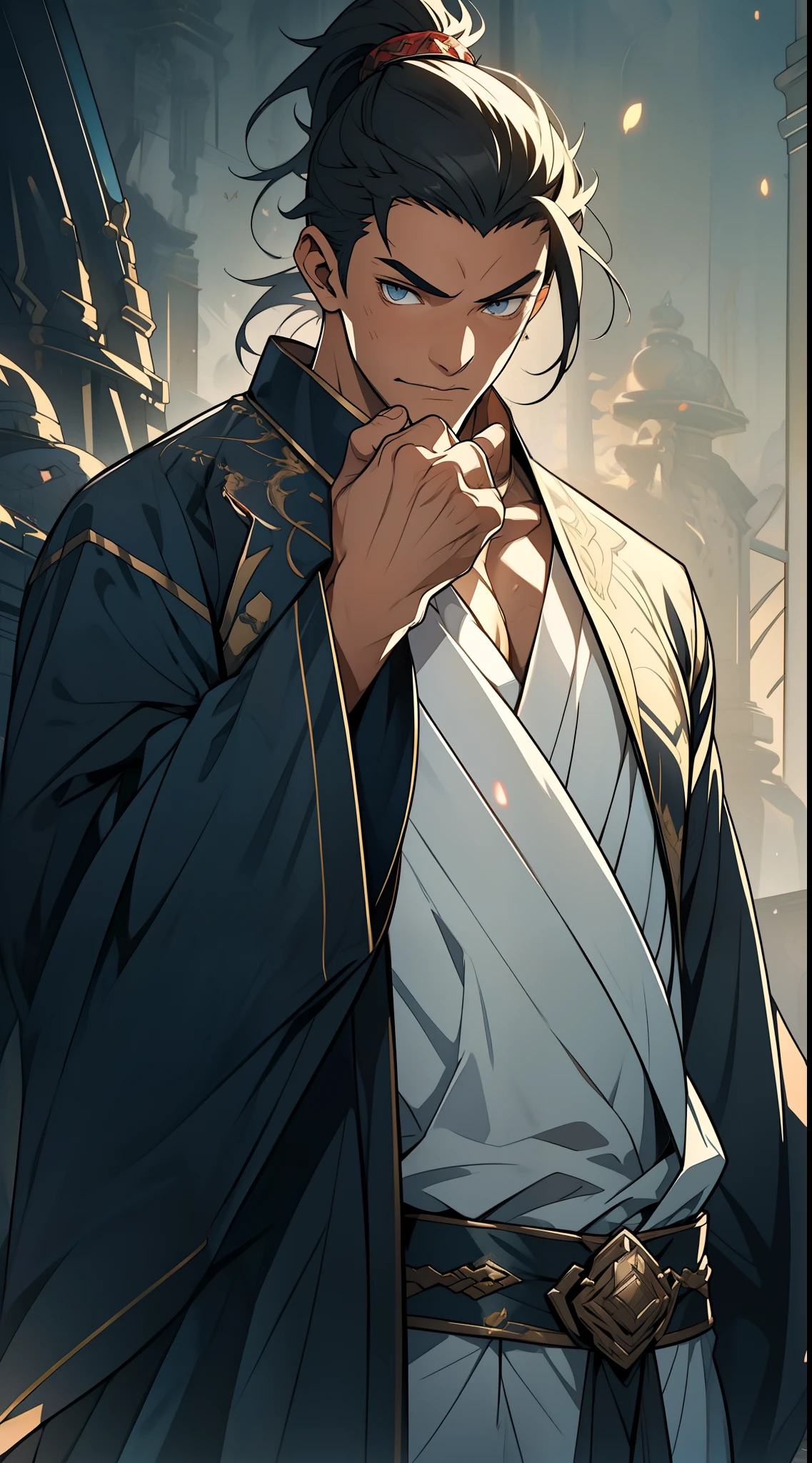quadratic element,style of anime,mtu(Male Warrior),The proportions are correct,Face details,swordsmen,High ponytail hairstyle,Neck details,There is an Adam's apple,Blue suit,kaftan,long blue robes,clothes details,Handing over,longer sleeves,Game quality,Swordsmanship,Light and shadow tracking,Ray traching,detailed glow,cg render,hair detail,Black long hair,blue colored eyes,Handsome,Handsome,(juvenile sense),Clothing is complicated,Perfectcomposition,Refinement,high qulity,higher details,Lots of details,The background is complex,a sense of atmosphere,