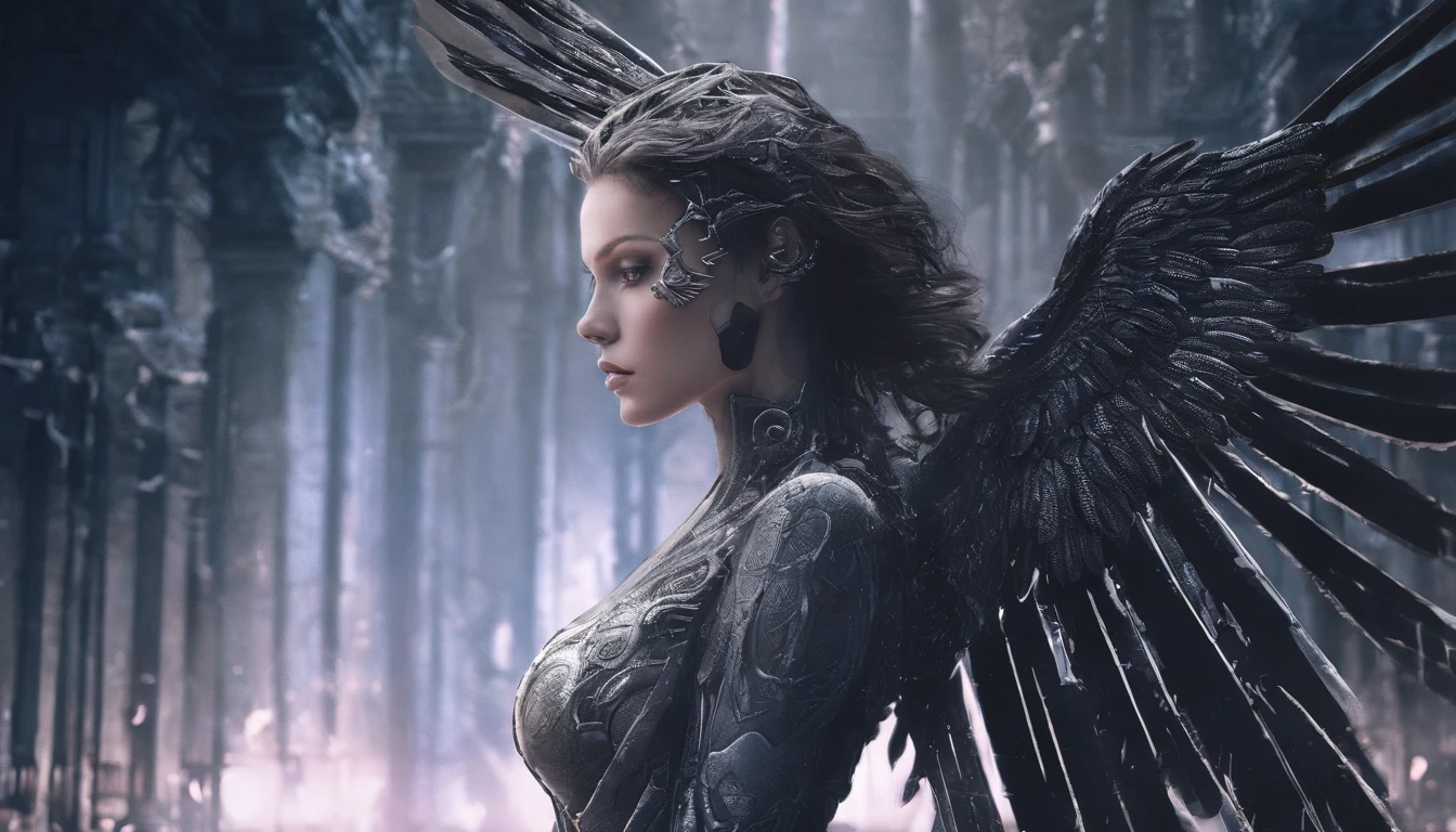 Cosmic Fallen Angel, glowing light eyes, Delicate and beautiful face,Bigchest,Biomechanical, eerie, Dream-like, Very bright colors, Light particles, with light glowing, Mshiv, wallpaper art, UHD wallpaper