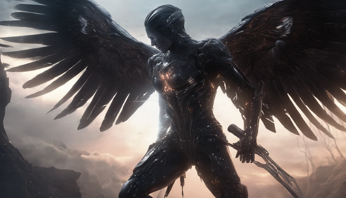 Cosmic Fallen Angel, glowing light eyes, Delicate and beautiful face，Bigchest，Biomechanical, eerie, Dream-like, Very bright colors, Light particles, with light glowing, Mshiv, wallpaper art, UHD wallpaper